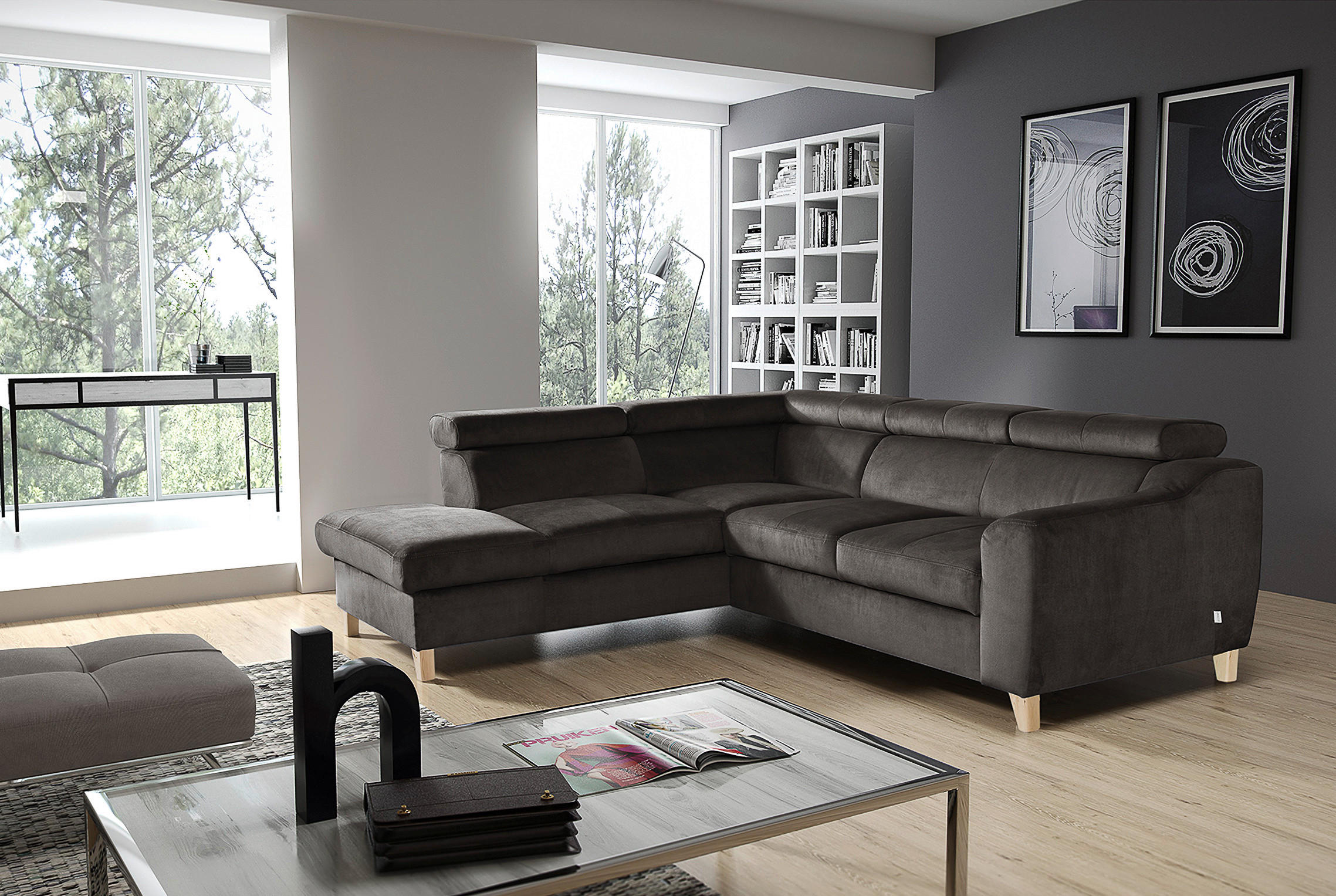 ECKSOFA in Webstoff Dunkelgrau  - Dunkelgrau/Buchefarben, Design, Holz/Textil (208/245cm) - Livetastic