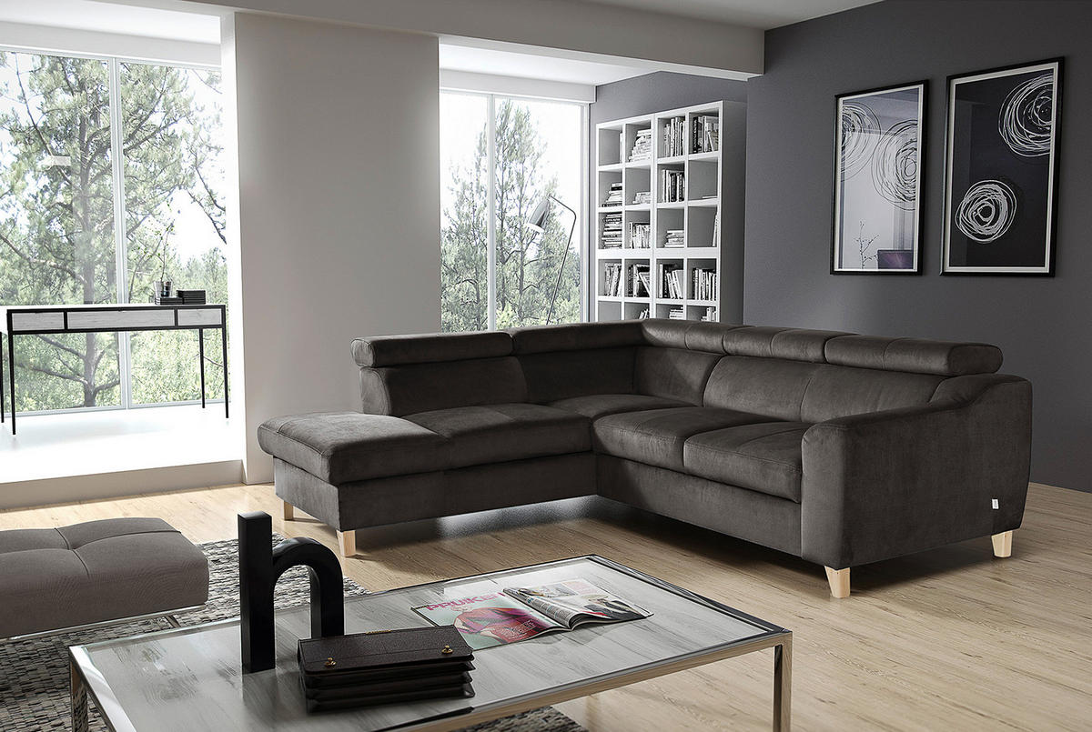 ECKSOFA in Webstoff Dunkelgrau  - Dunkelgrau/Buchefarben, Design, Holz/Textil (208/245cm) - Livetastic
