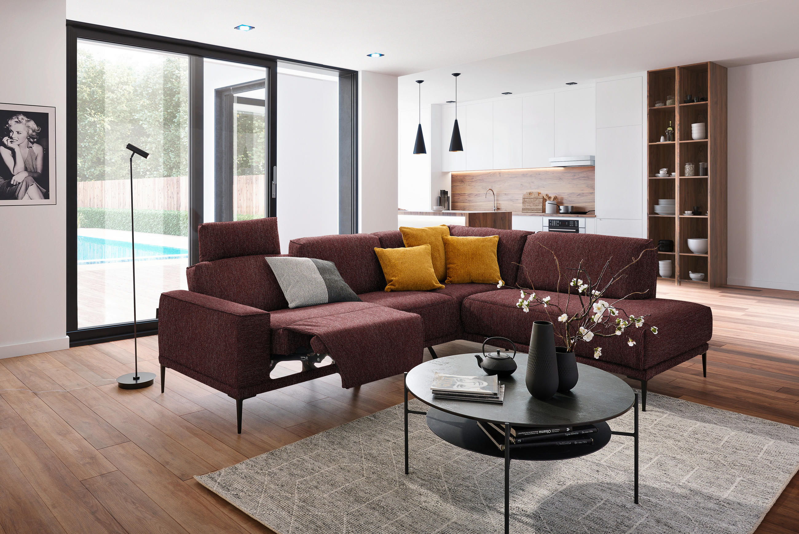 ECKSOFA in Flachgewebe Weinrot  - Weinrot/Schwarz, Design, Textil/Metall (260/210cm) - Johann Jakob