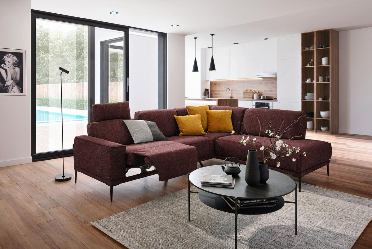 ECKSOFA in Flachgewebe Weinrot  - Weinrot/Schwarz, Design, Textil/Metall (260/210cm) - Johann Jakob