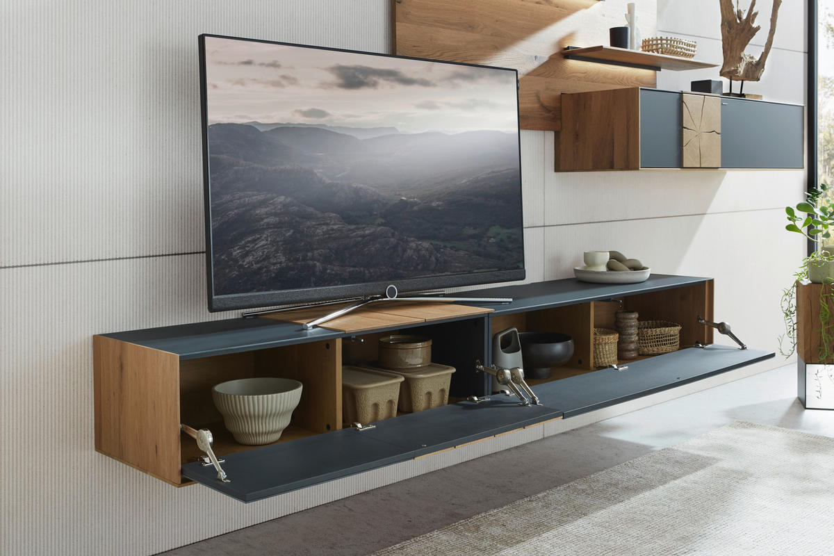 WOHNWAND  in Anthrazit, Eichefarben 343/196/44 cm  - Eichefarben/Anthrazit, Design, Glas/Holz (343/196/44cm) - Valnatura