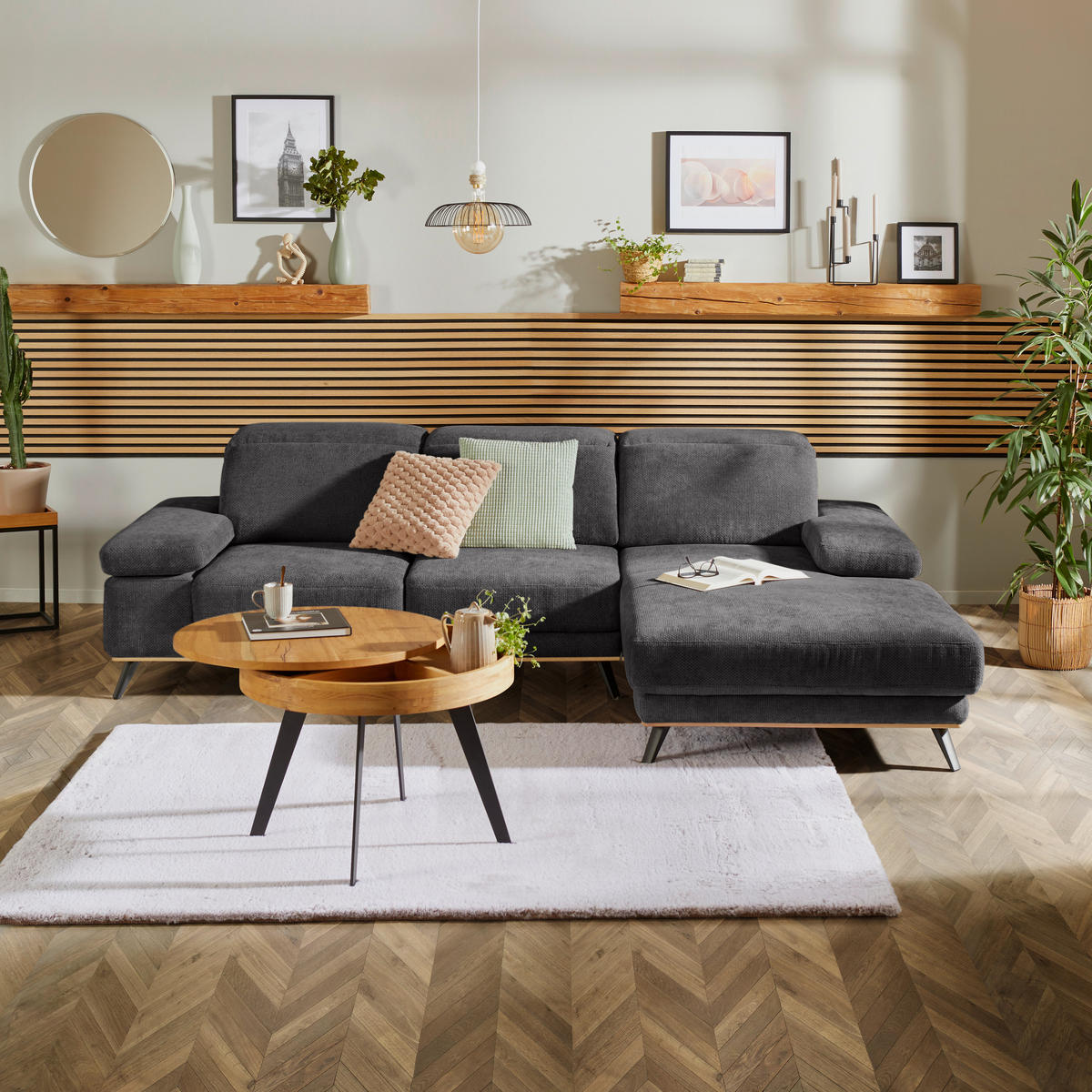 ECKSOFA in Struktur Graphitfarben  - Schwarz/Graphitfarben, Modern, Textil/Metall (283/194cm) - MID.YOU