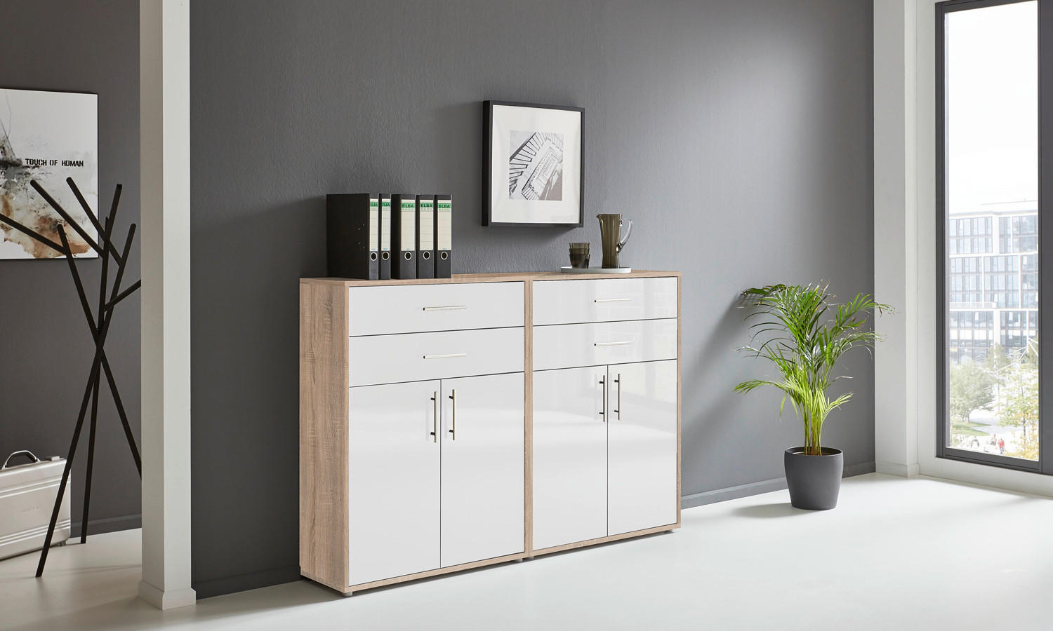AKTENSCHRANK Sonoma Eiche, Weiß Hochglanz  - Weiß Hochglanz/Sonoma Eiche, MODERN, Holzwerkstoff (168,8/113,6/33cm) - MID.YOU
