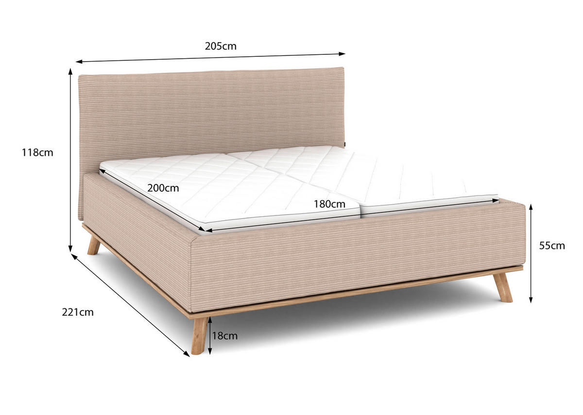POLSTERBETT Matratze, Lattenrost, Bettkasten 180/200 cm  in Taupe  - Taupe/Eichefarben, Design, Holz/Textil (180/200cm) - Musterring