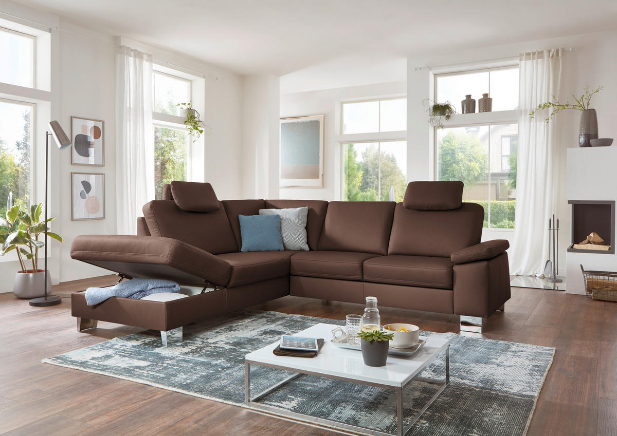 ECKSOFA  in Echtleder Braun  235/248 cm  - Alufarben/Braun, Design, Leder/Metall (235/248cm) - Beldomo Premium