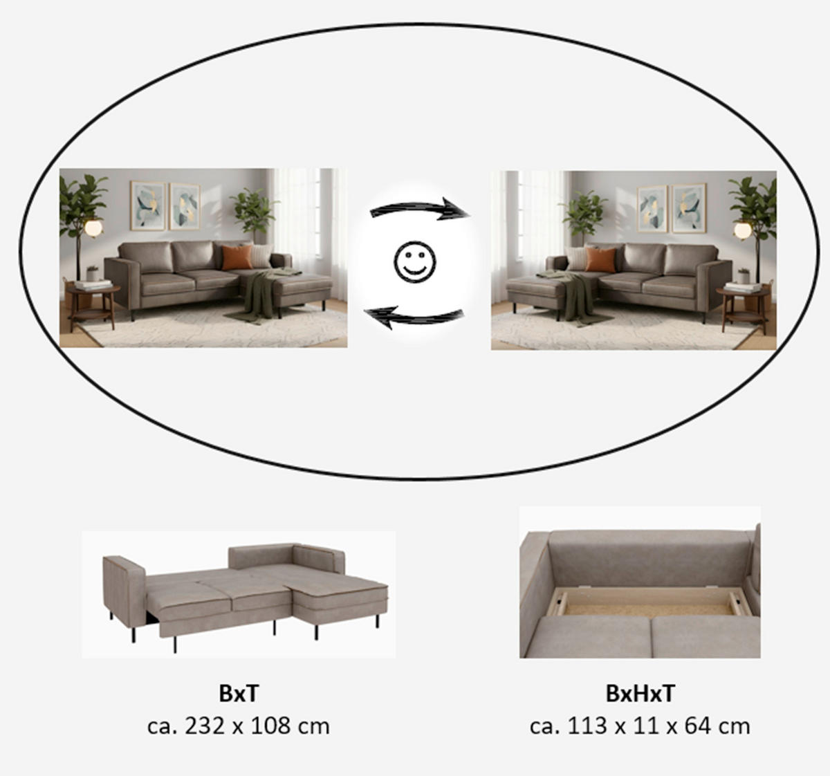 ECKSCHLAFSOFA Lederlook, Mikrofaser Echtleder Hellgrau  - Hellgrau/Schwarz, Modern, Leder/Textil (232/161cm) - Trendmanufaktur