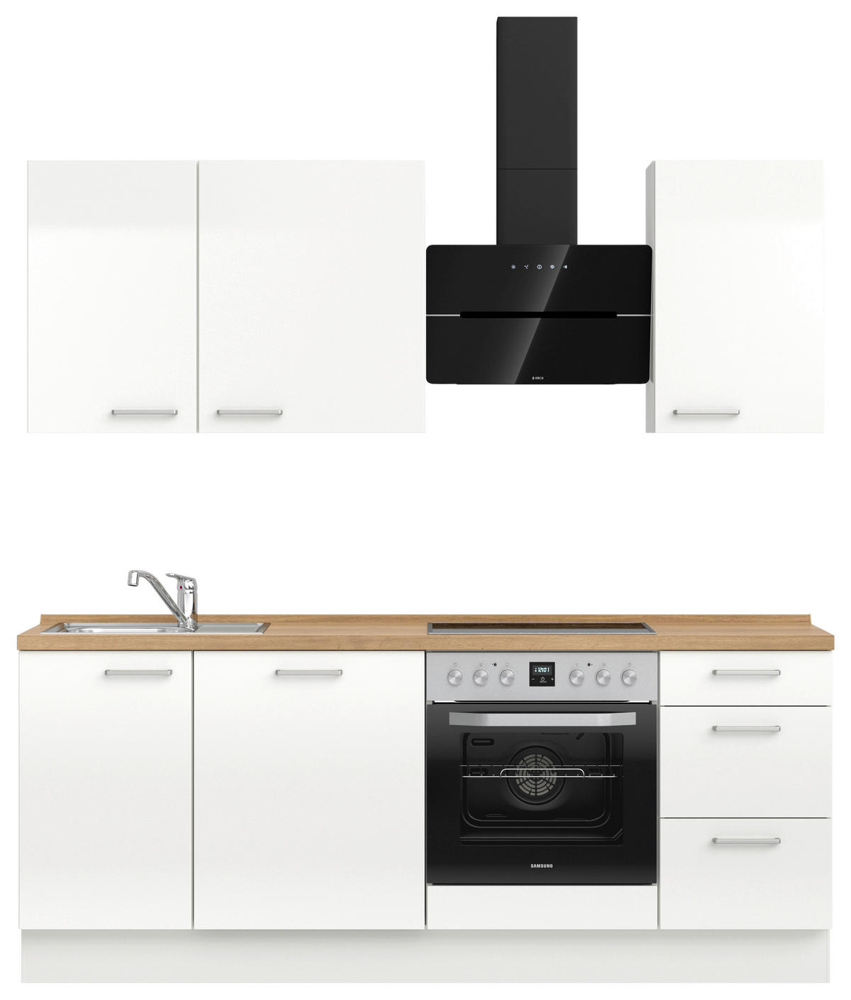 KÜCHENBLOCK Flash 210 cm  in Eichefarben, Weiß Hochglanz  - Edelstahlfarben/Eichefarben, MODERN, Holzwerkstoff/Metall (210cm) - Nobilia