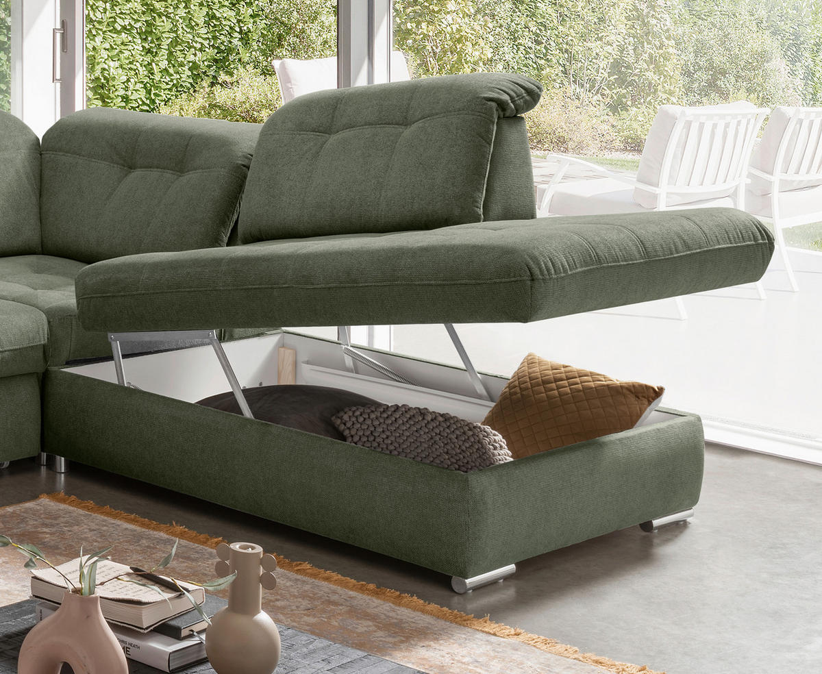 ECKSOFA RIGATTI Dunkelgrün Flachgewebe Kopfteilverstellung, Stauraum, Sitztiefenverstellung  - Chromfarben/Dunkelgrün, MODERN, Textil/Metall (308/254cm) - Livetastic
