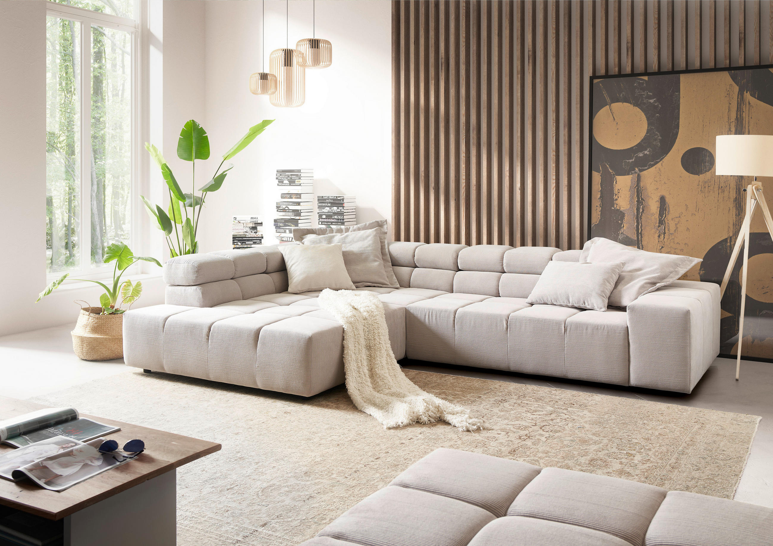 ECKSOFA in Feincord Hellgrau  - Hellgrau/Schwarz, Design, Kunststoff/Textil (213/317cm) - Hom`in