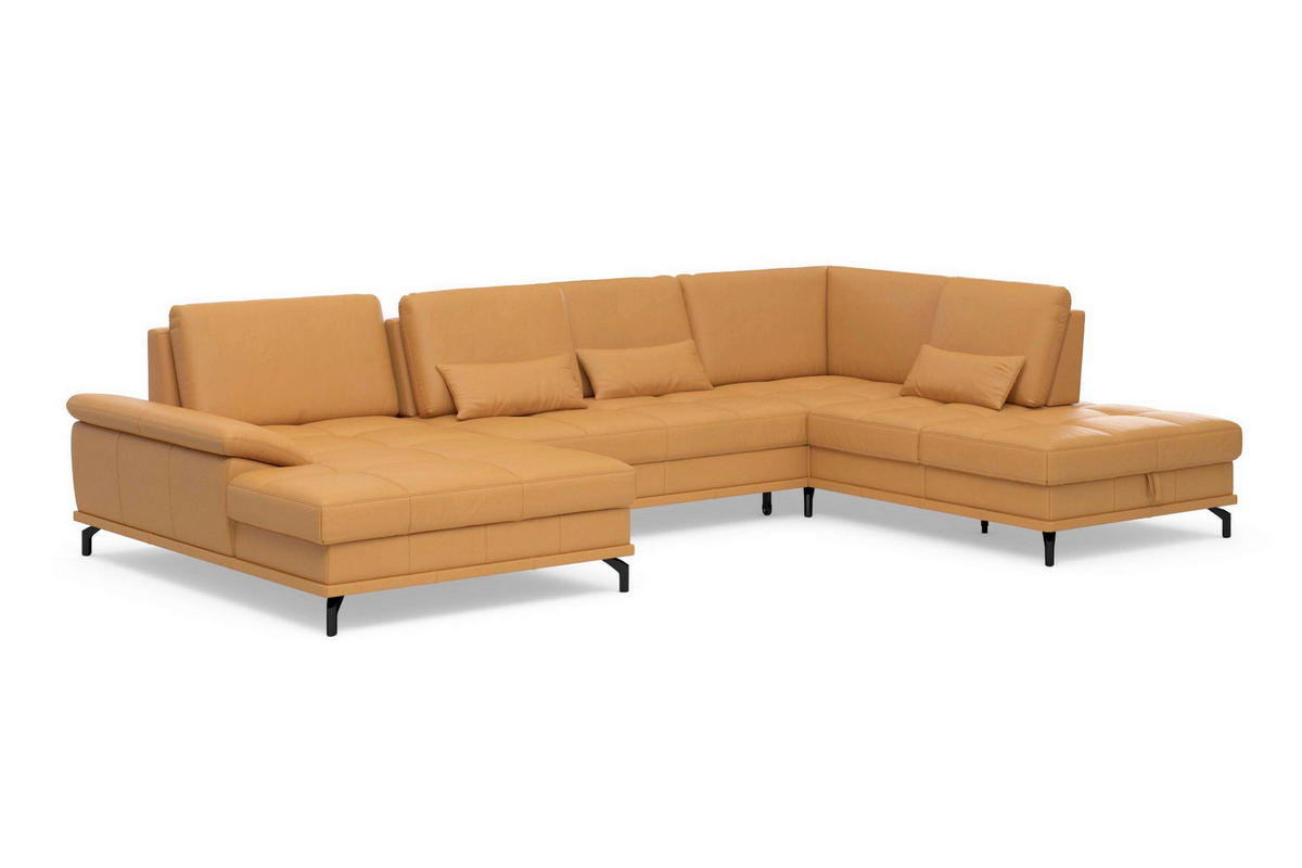 WOHNLANDSCHAFT COSTELLO E Currygelb Kombination Echtleder/Stoff Mikrofaser  - Currygelb/Schwarz, Basics, Leder/Textil (176/363/223cm) - Sit & More