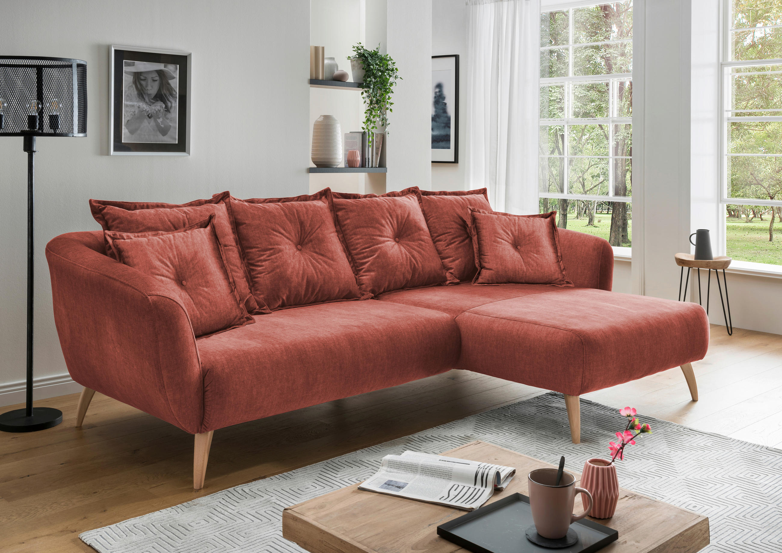 ECKSOFA Koralle Velours  - Koralle/Buchefarben, MODERN, Holz/Textil (277/162cm) - Livetastic