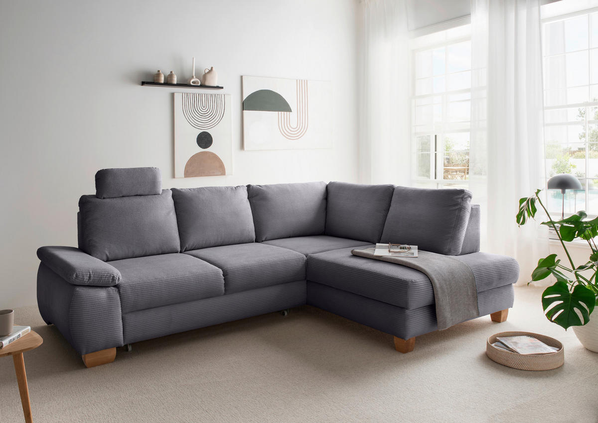 ECKSCHLAFSOFA  mit Liegefunktion, Rücken echt, Armteil links Cord Grau  - Wildeiche/Grau, MODERN, Holz/Textil (261/206cm) - Livetastic