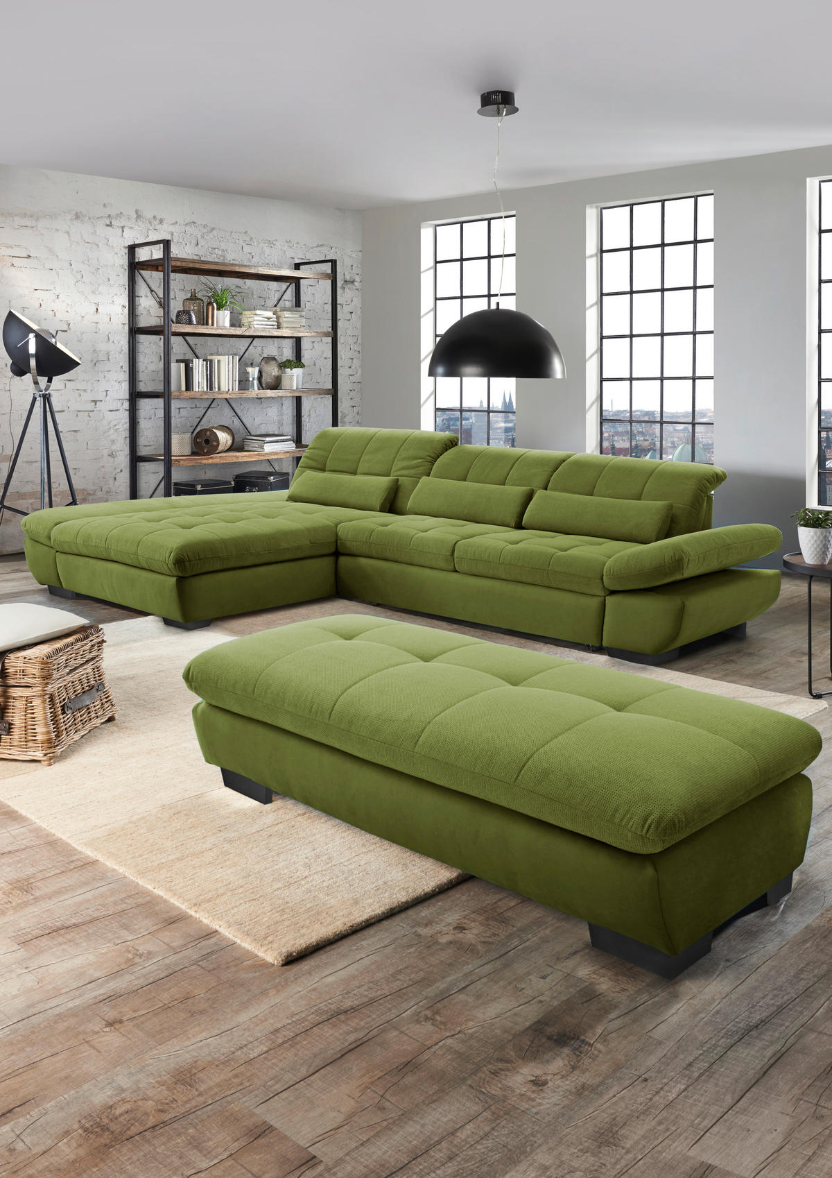 SEDEŽNA GARNITURA, gladka tkanina zelena  - črna/zelena, Design, kovina/tekstil (341/204cm) - Xora