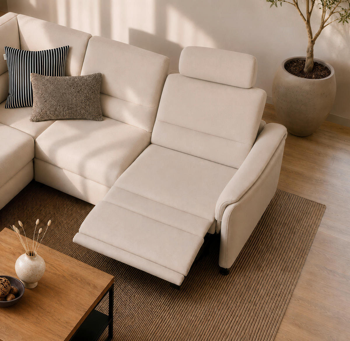 ECKSOFA Creme Chenille Rücken echt  - Creme/Schwarz, Design, Textil/Metall (203/227cm) - Beldomo System