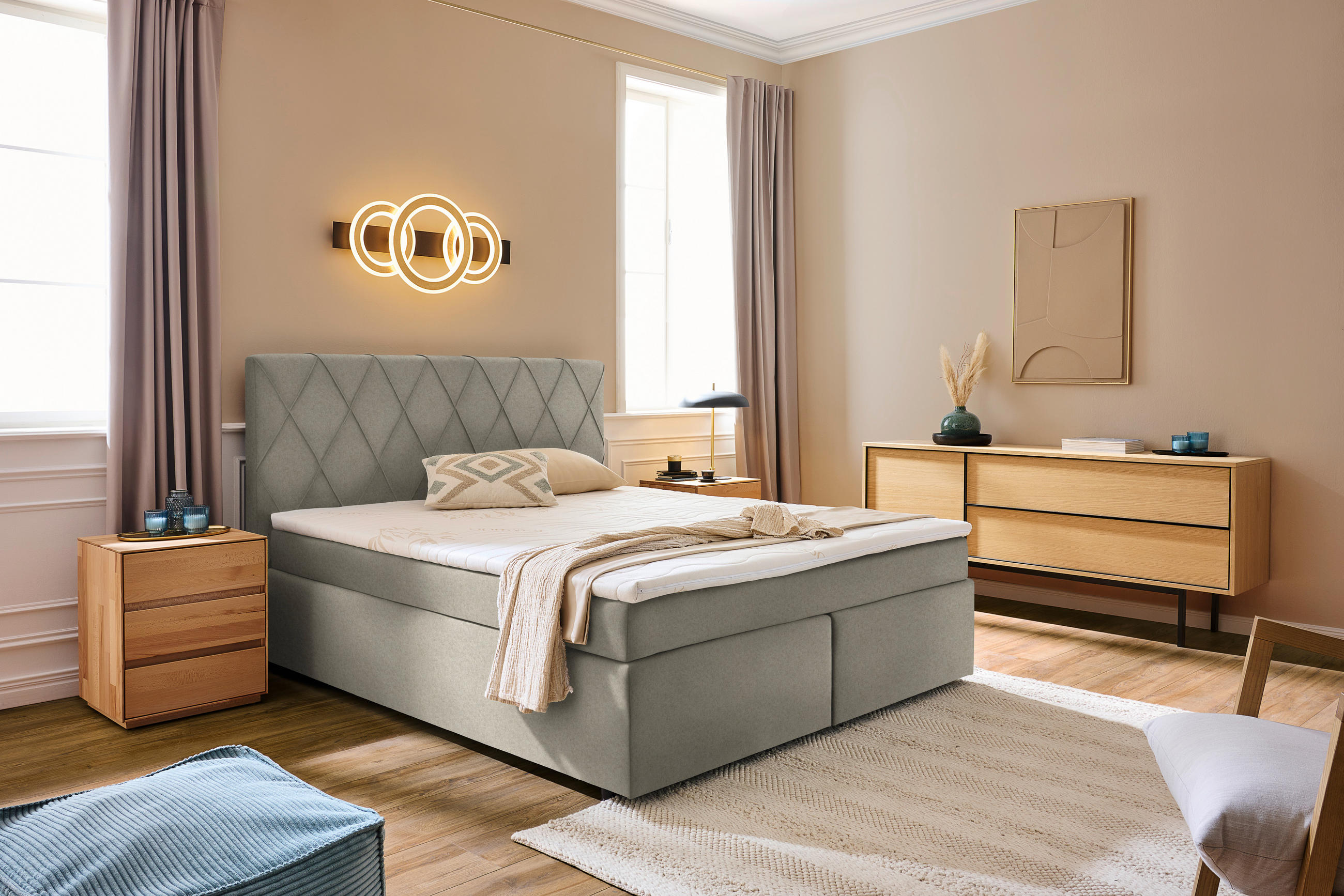 BOXSPRINGBETT 180/200 cm  in Ecru  - Ecru/Schwarz, Design, Kunststoff/Textil (180/200cm) - Xora