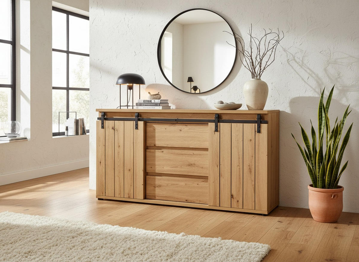 SIDEBOARD  160/86/40 cm 3 Schublade(n)  - Eichefarben/Schwarz, Lifestyle, Holzwerkstoff/Kunststoff (160/86/40cm) - Landscape
