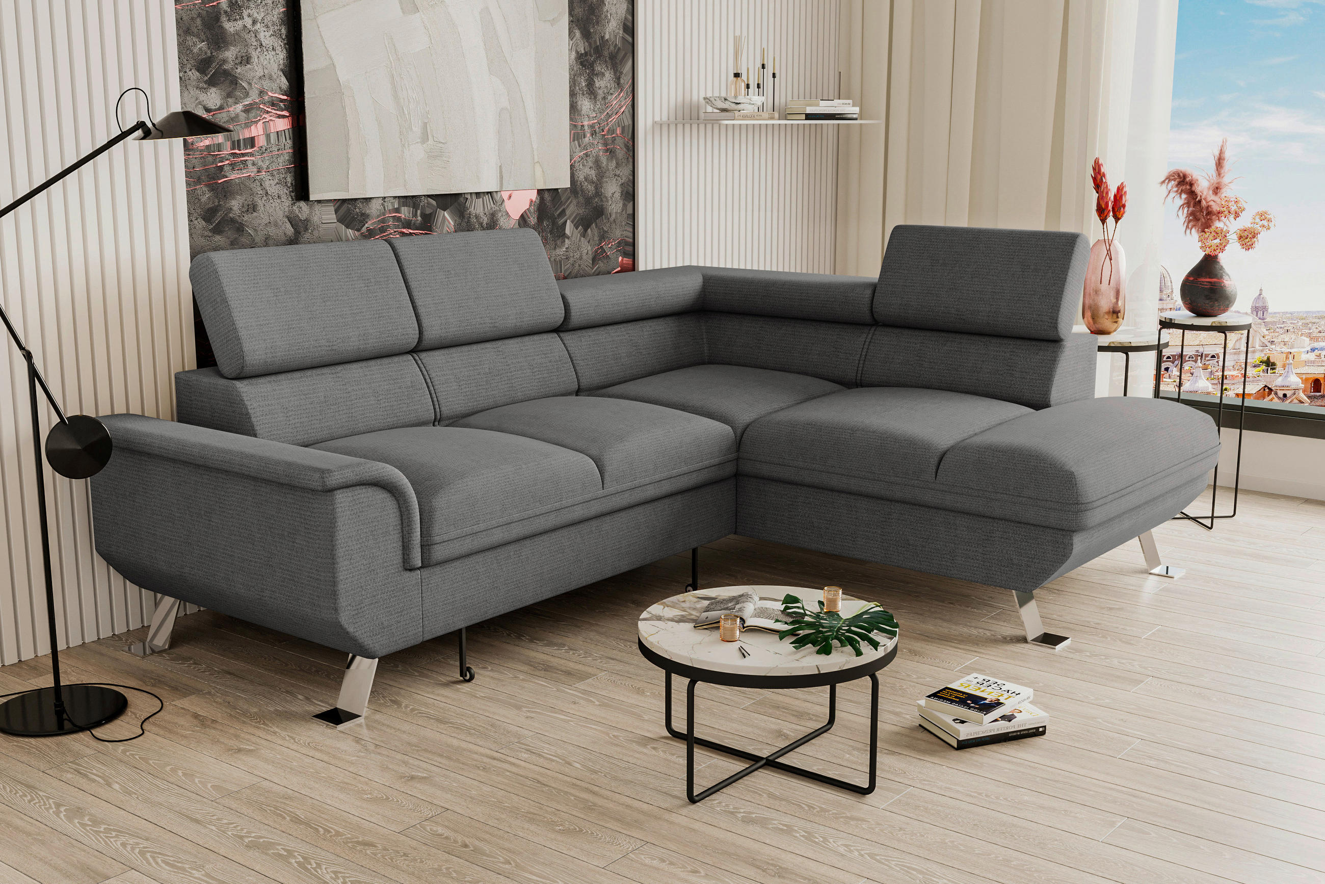 ECKSOFA Anthrazit Struktur  - Anthrazit/Silberfarben, KONVENTIONELL, Textil/Metall (268/207cm) - Carryhome