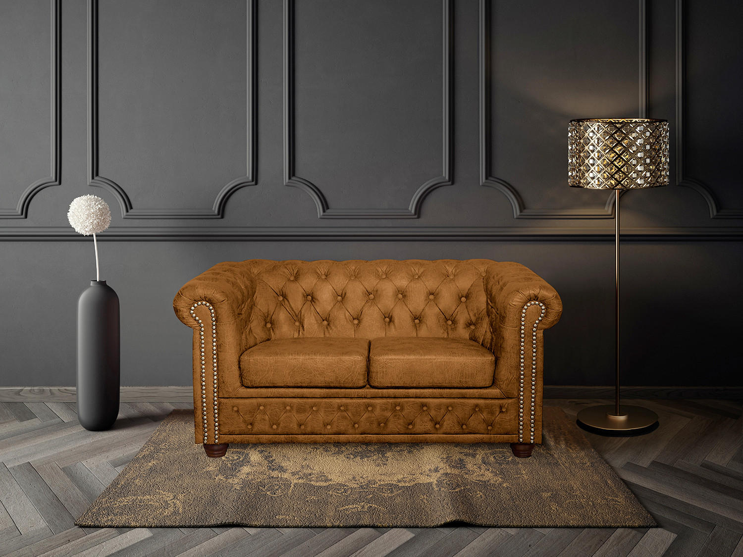 2-SITZER-SOFA YORK Lederlook Cognac  - Cognac/Braun, Design, Holz/Textil (148/72/86cm) - P & B
