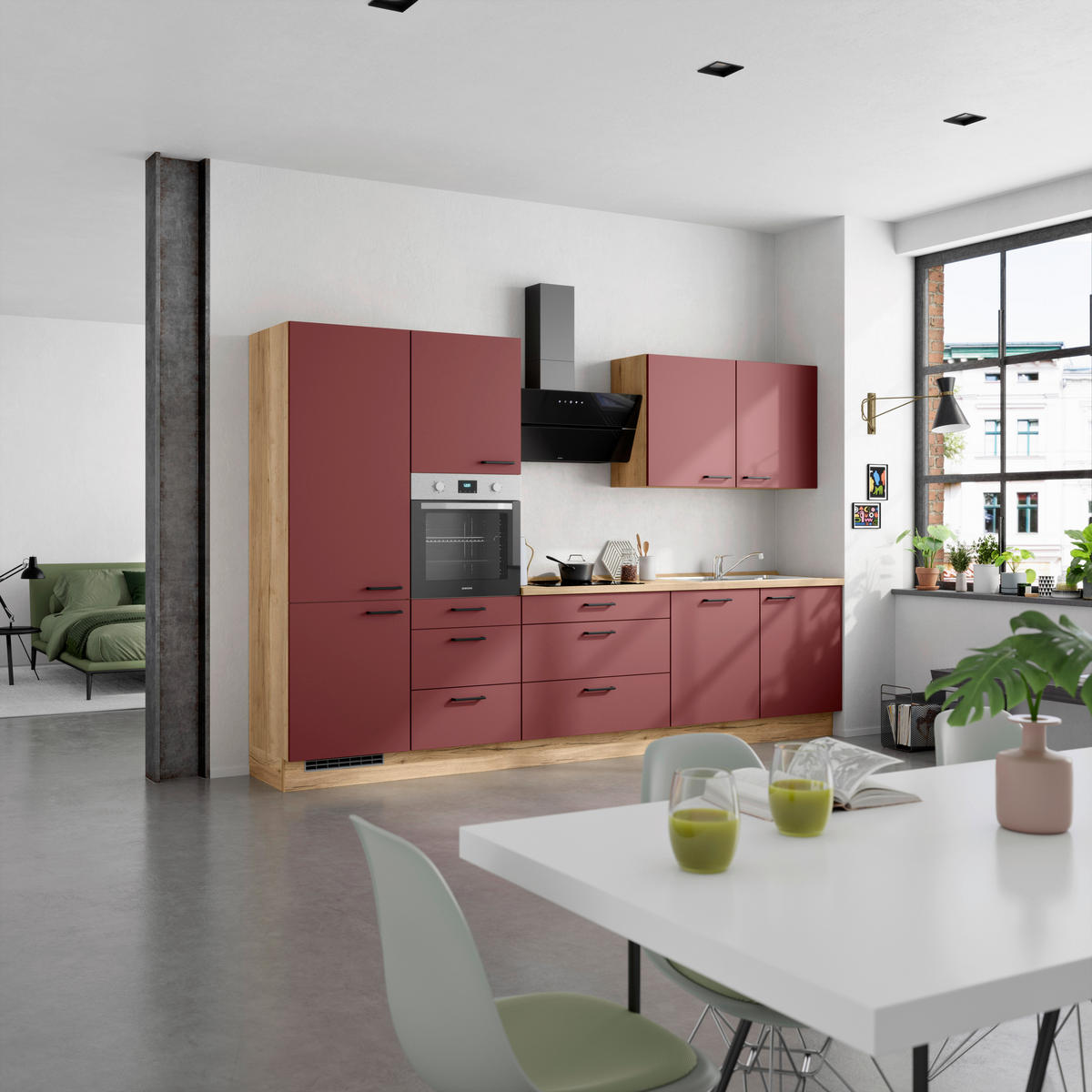 KÜCHENLEERBLOCK 330 cm   in Rot, Eichefarben  - Eichefarben/Rot, MODERN, Holzwerkstoff/Metall (330cm) - Nobilia