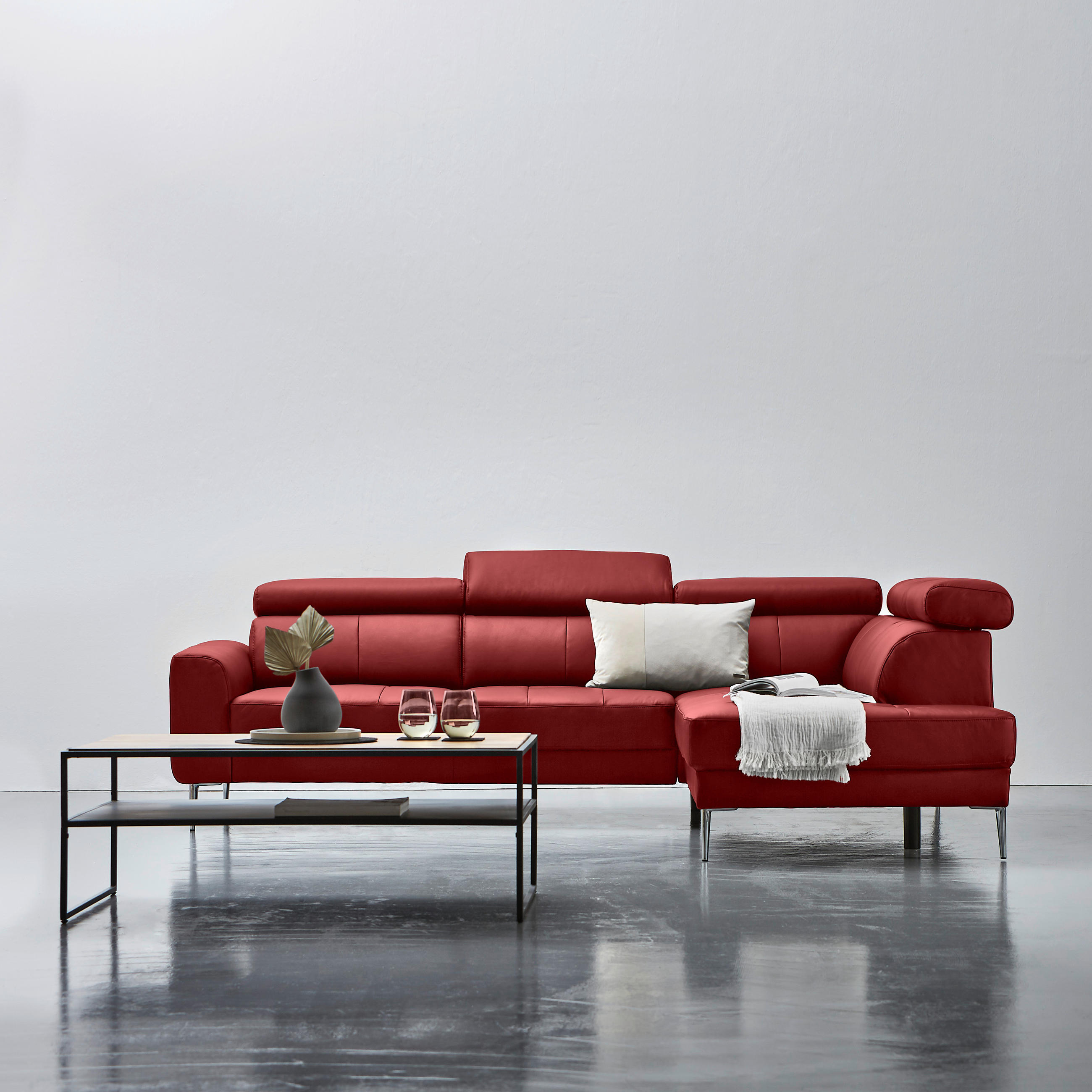 ECKSOFA Rot Echtleder  - Chromfarben/Rot, Design, Leder/Metall (262/213cm) - Hom`in