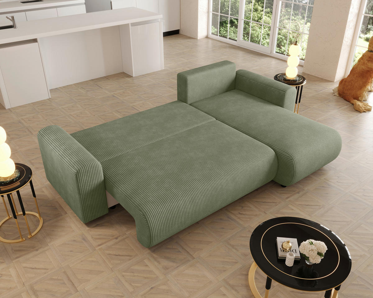 ECKSOFA Grün Cord Zierkissen, Rückenkissen, Schlaffunktion, Rücken echt, Stauraum, Liegefläche im Originalstoff  - Schwarz/Grün, KONVENTIONELL, Kunststoff/Textil (246/152cm) - Xora