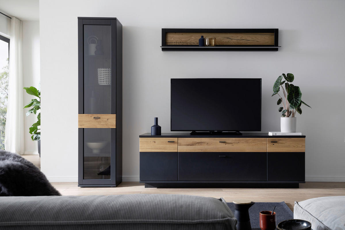 Set Mobilă Living, gri, stejar sălbatic, 250/201/50 cm - stejar sălbatic/negru, Design, sticlă/metal (250/201/50cm) - Novel