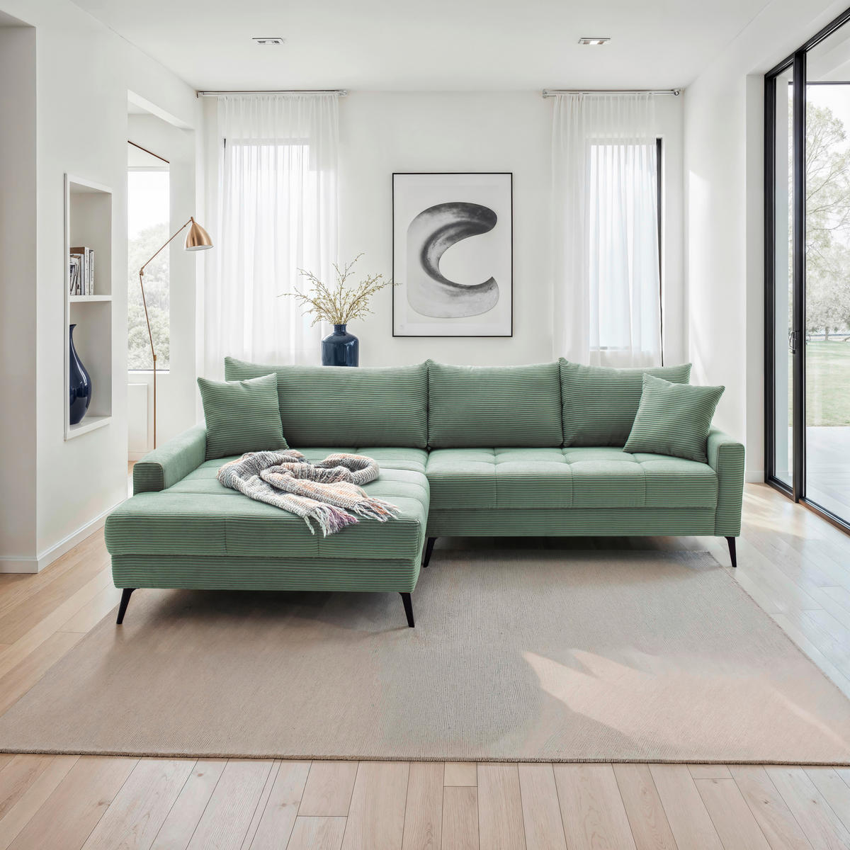 ECKSOFA Pastellgrün Cord  - Pastellgrün/Schwarz, KONVENTIONELL, Textil/Metall (173/280cm) - Hom`in