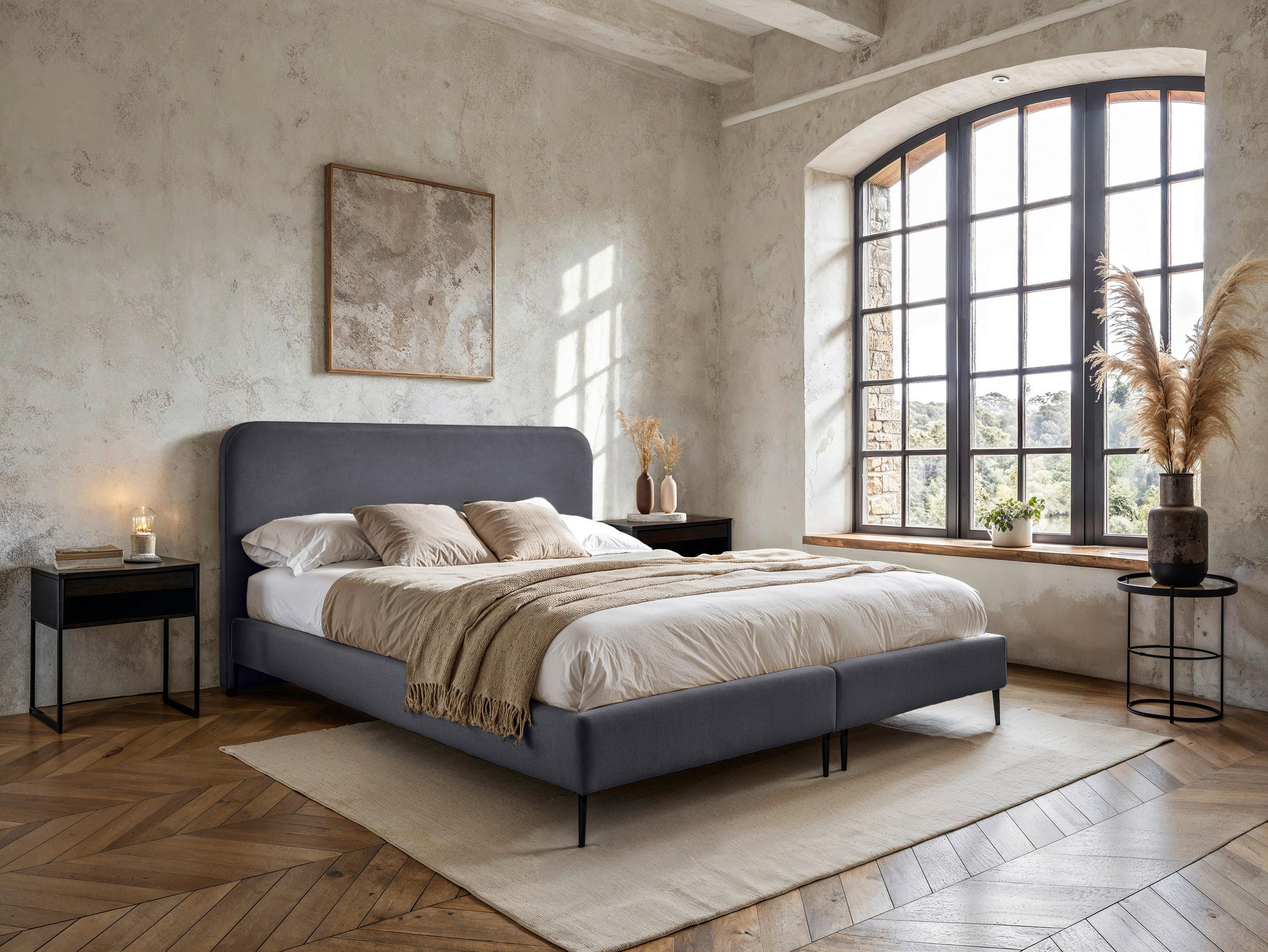 BOXSPRINGBETT 180/200 cm,  in Grau, Matratze, gepolstertes Kopfteil, Topper, H2 = mittel  - Schwarz/Naturfarben, MODERN, Holzwerkstoff/Textil (180/200cm) - MID.YOU