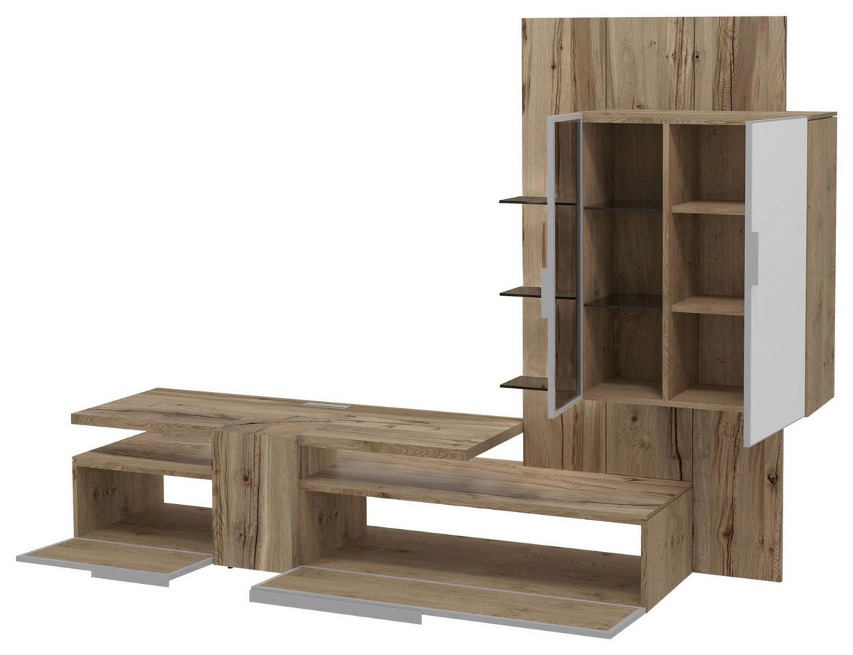 WOHNWAND  in Weiß, Eichefarben  272/194/58,3 cm  - Eichefarben/Weiß, Design, Glas/Holz (272/194/58,3cm) - Voglauer