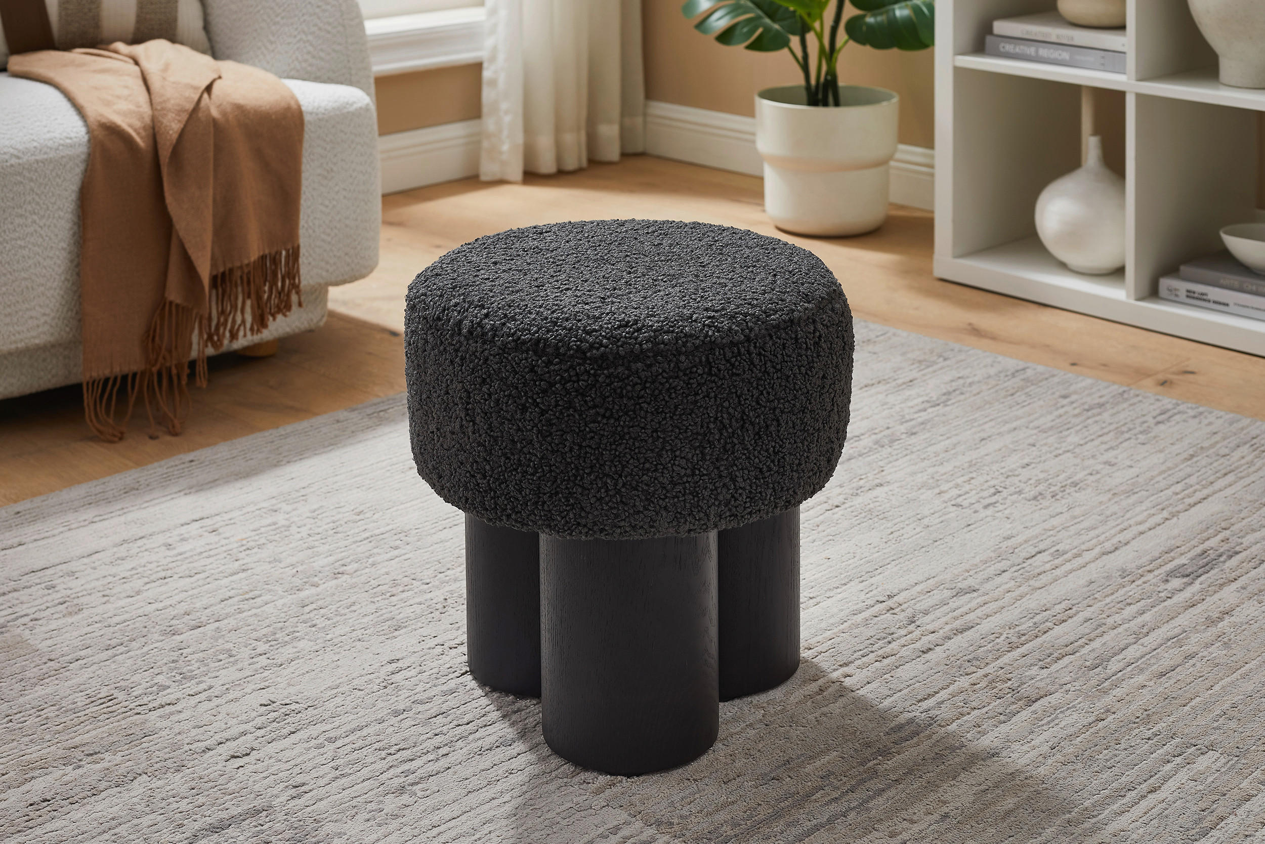 HOCKER Teddystoff Grau, Schwarz  - Schwarz/Grau, MODERN, Textil (50/49/50cm) - Livetastic