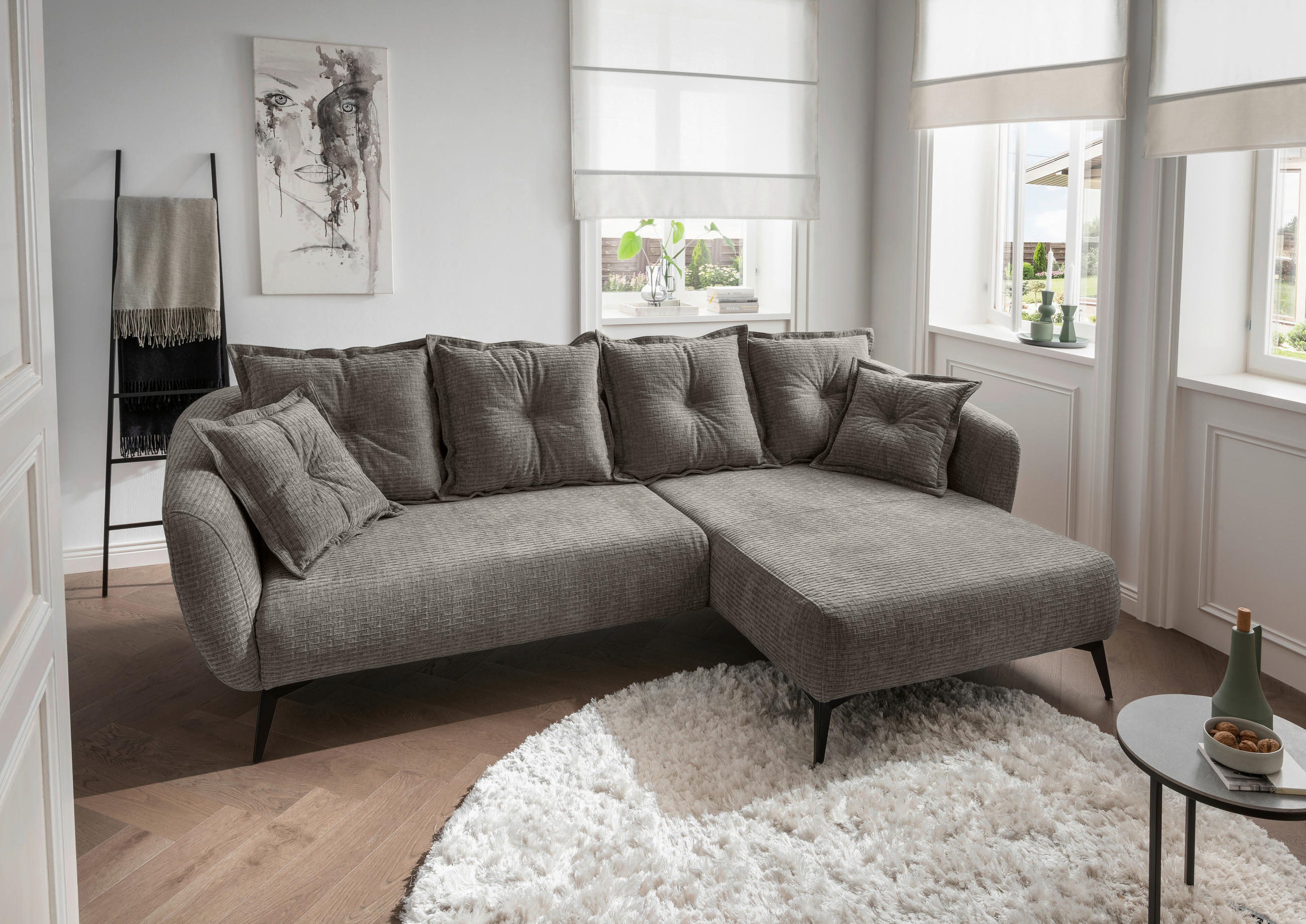 ECKSOFA in Mikrofaser Graubraun  - Graubraun/Schwarz, Modern, Textil/Metall (277/162cm) - Livetastic