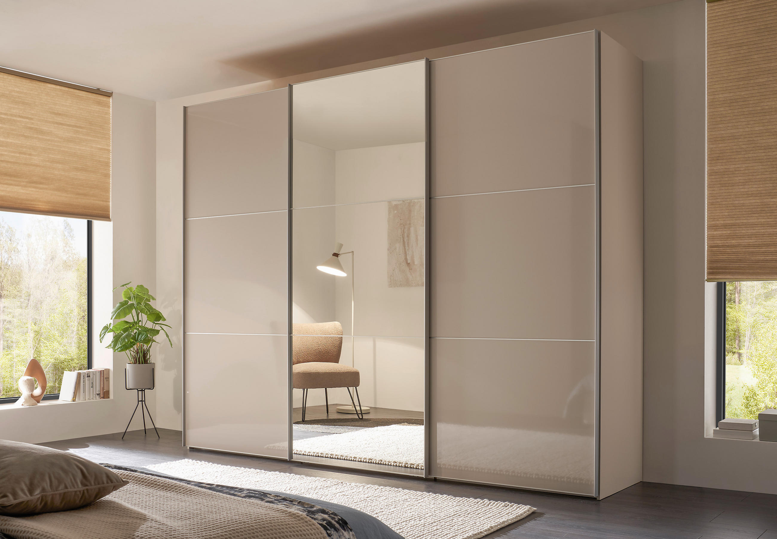 SCHWEBETÜRENSCHRANK  in Sandfarben  - Sandfarben/Alufarben, KONVENTIONELL, Glas/Holzwerkstoff (336/222/68cm) - Moderano