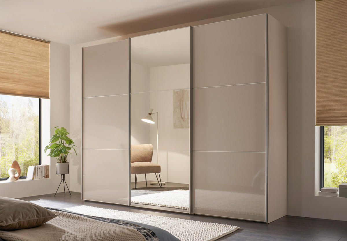 SCHWEBETÜRENSCHRANK 249/222/68 cm 3-türig Alufarben, Sandfarben  - Sandfarben/Alufarben, KONVENTIONELL, Glas/Holzwerkstoff (249/222/68cm) - Moderano
