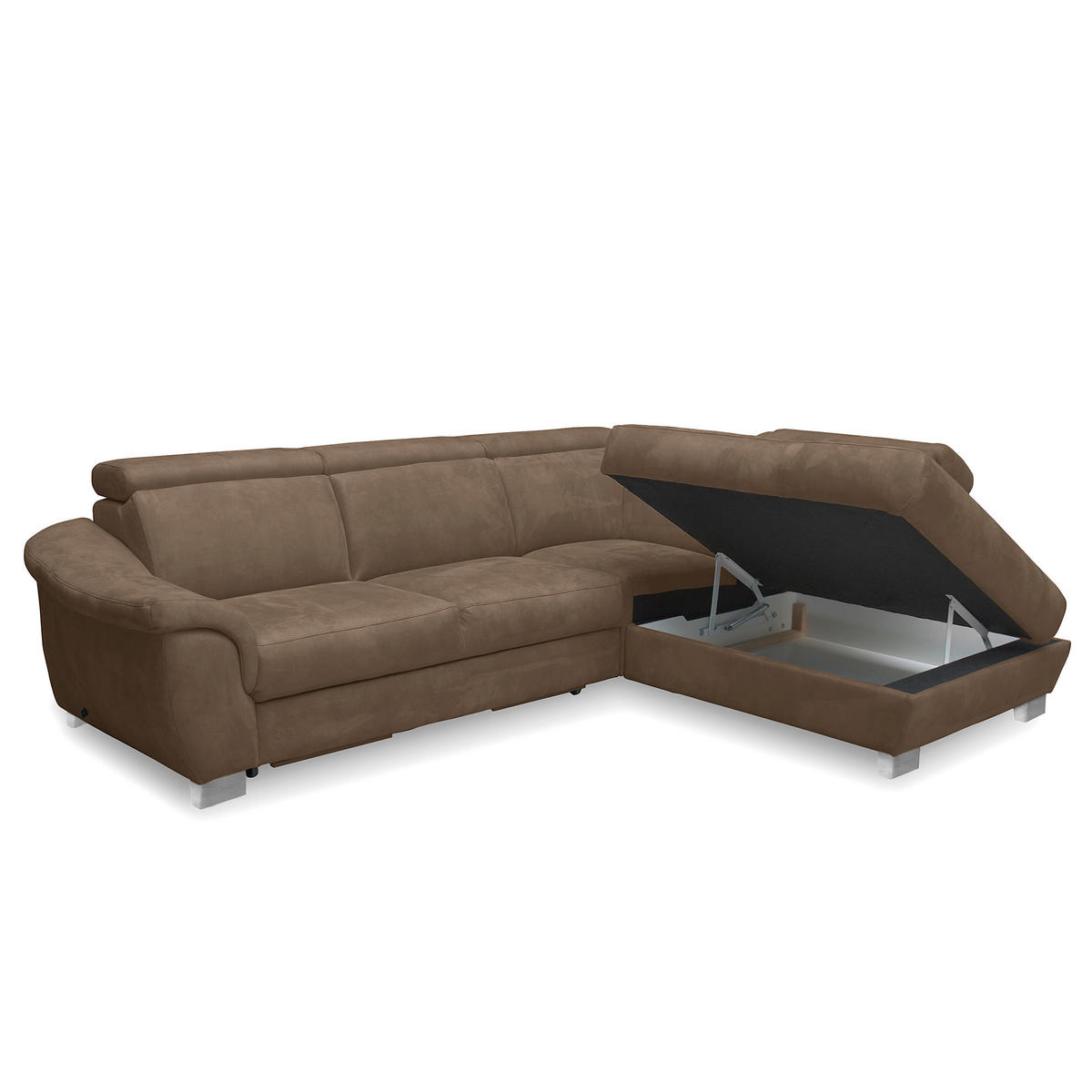 ECKSOFA Braun Mikrofaser Rücken echt, Relaxfunktion, Kopfteilverstellung  - Chromfarben/Braun, Design, Textil/Metall (238/276cm) - Livetastic