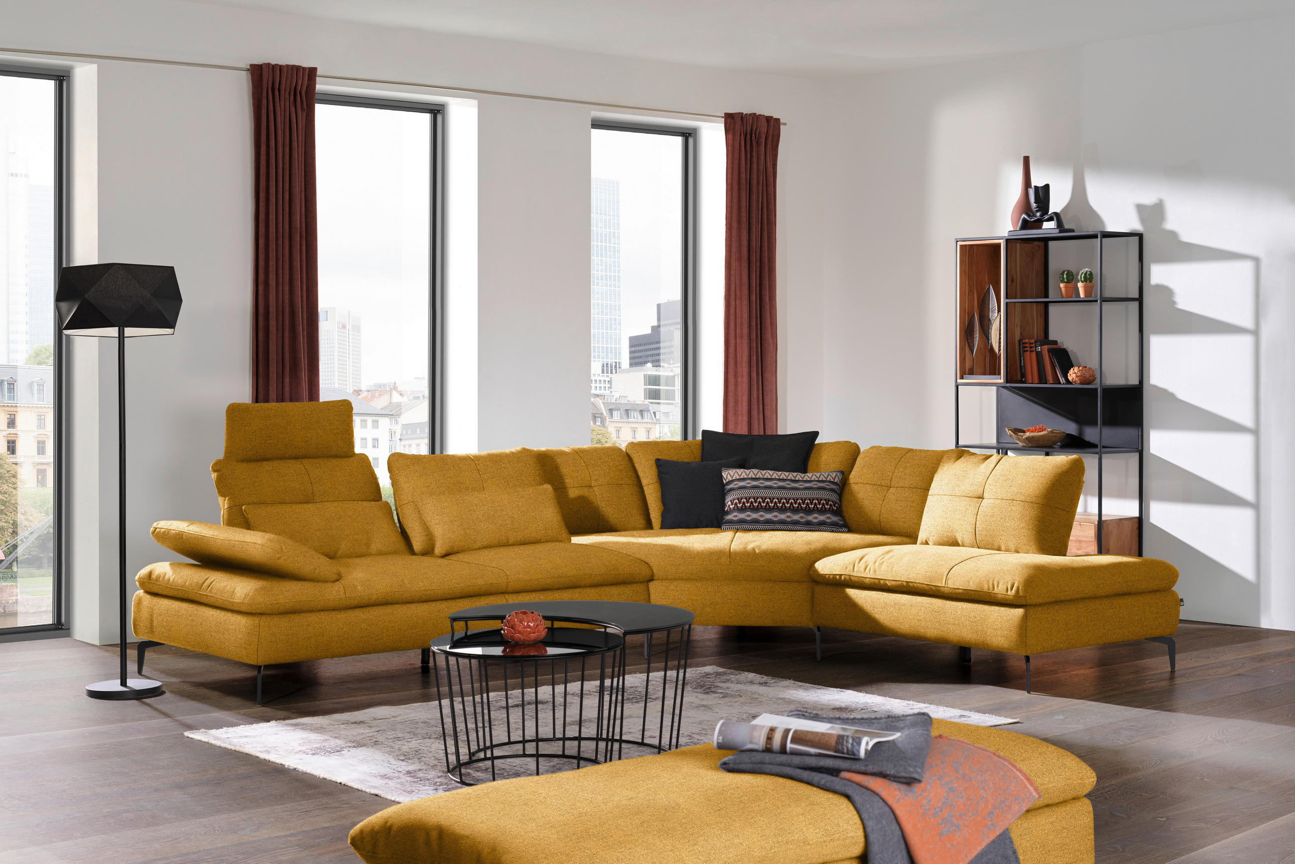 ECKSOFA in Flachgewebe Honig  - Schwarz/Honig, Design, Textil/Metall (344/271cm) - Chilliano