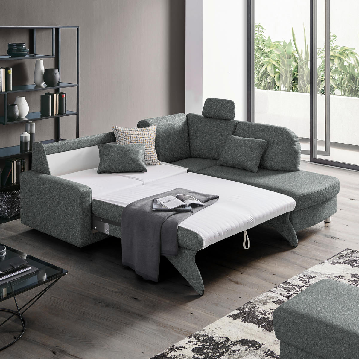 ECKSOFA  in Mikrovelours Graugrün  227/208 cm  - Alufarben/Graugrün, KONVENTIONELL, Textil/Metall (227/208cm) - Sedda