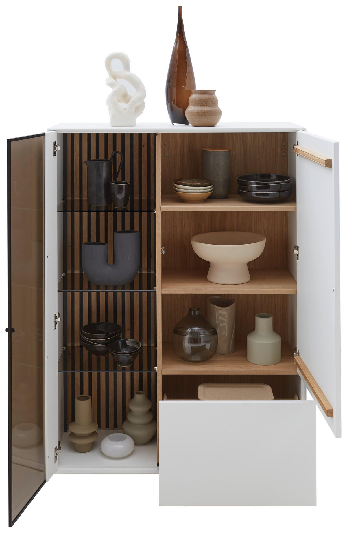 HIGHBOARD Weiss, Eichefarben  103/138/39 cm  - Weiss/Eichefarben, Design, Glas/Holz (103/138/39cm) - Johann Jakob