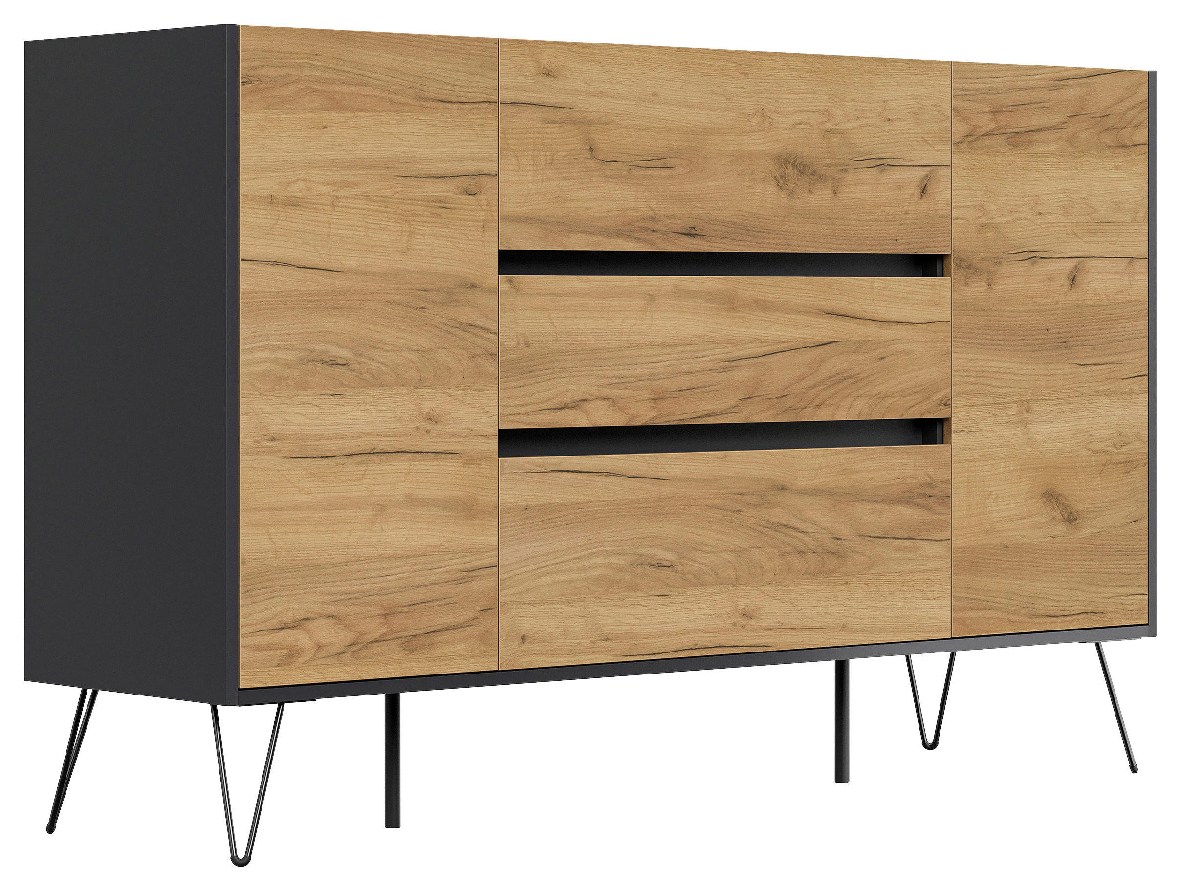SIDEBOARD Posseik Industrial 155/93,6/42 cm 3 Schublade(n)  - Eichefarben/Graphitfarben, Design, Holzwerkstoff/Metall (155/93,6/42cm) - P & B
