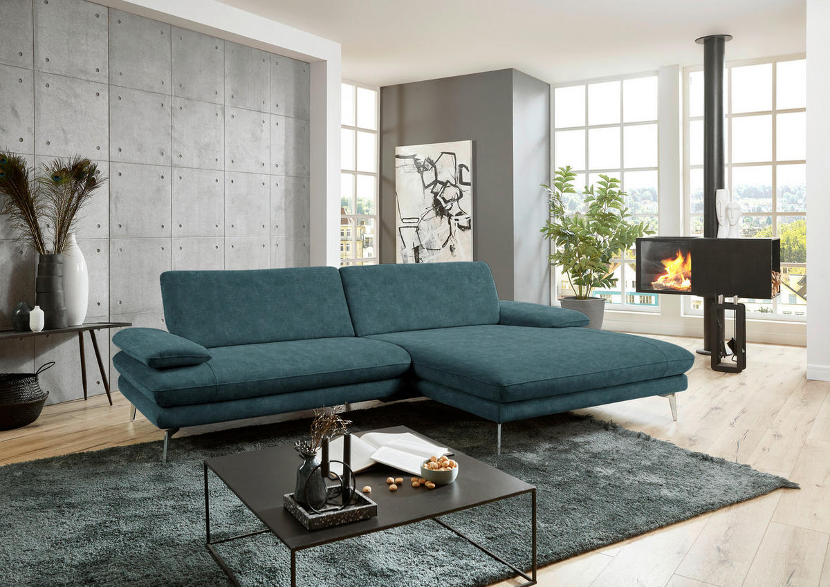 ECKSOFA in Velours Petrol  - Petrol/Schwarz, Design, Textil/Metall (284/184cm) - Dieter Knoll