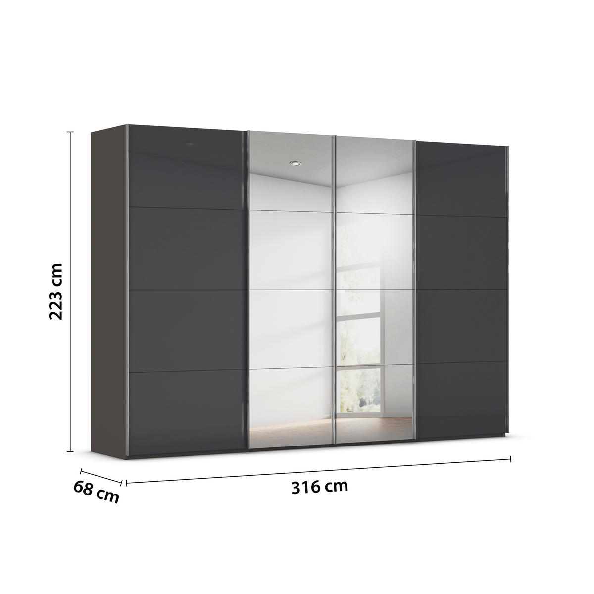 SCHWEBETÜRENSCHRANK 316/223/68 cm 4-türig Graphitfarben, Schwarz  - Chromfarben/Graphitfarben, Design, Glas/Holzwerkstoff (316/223/68cm) - Novel