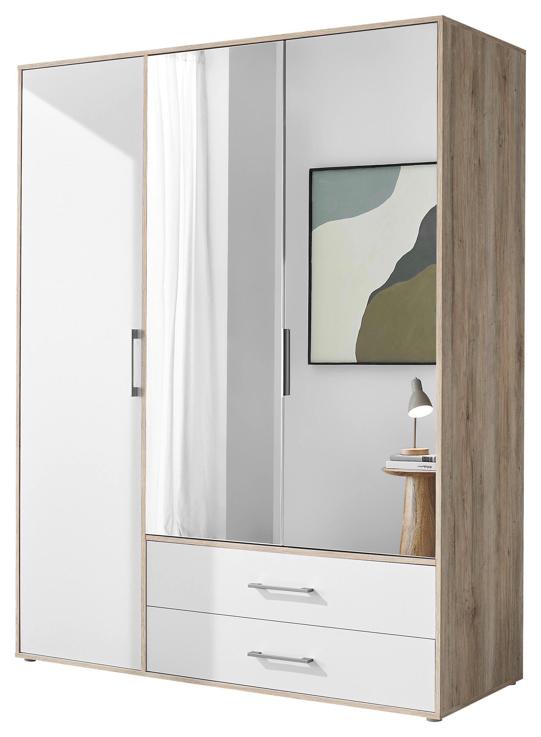 KLEIDERSCHRANK 155/195/60 cm 3-türig Weiß, Eiche San Remo  - Alufarben/Weiß, KONVENTIONELL, Glas/Holzwerkstoff (155/195/60cm) - Boxxx