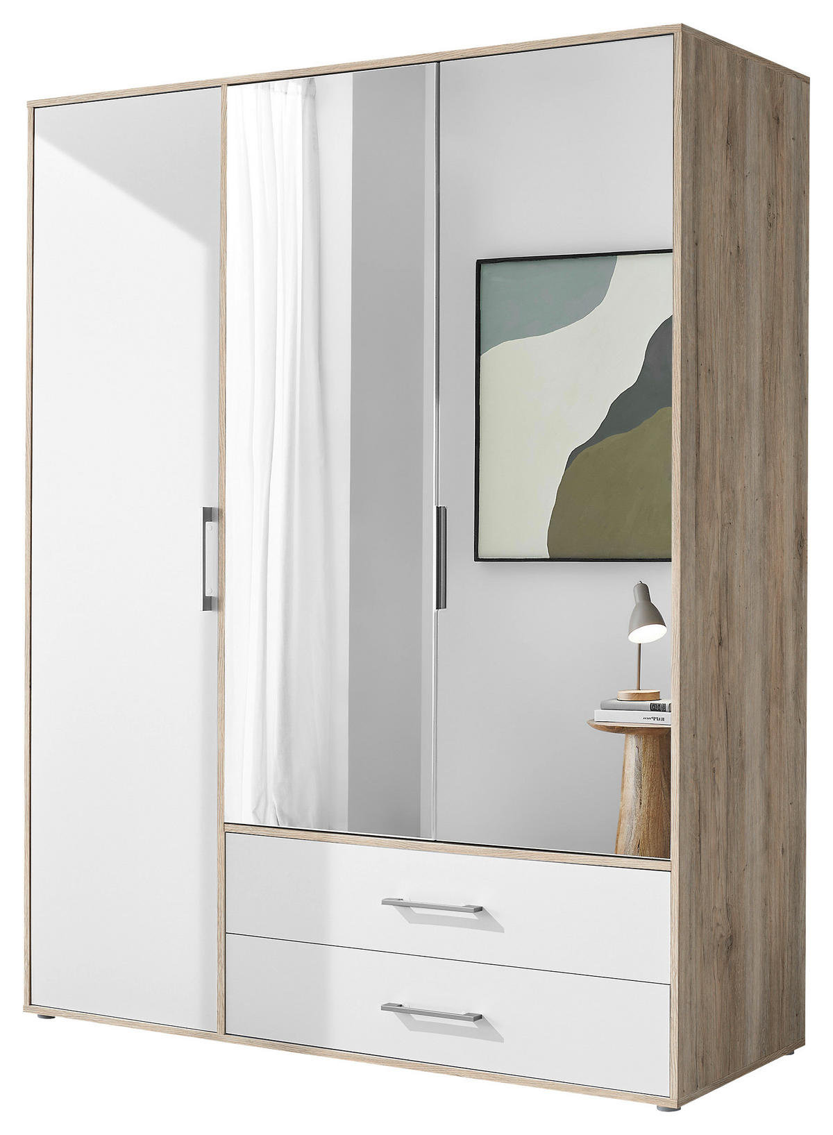 KLEIDERSCHRANK 155/195/60 cm 3-türig Weiß, Eiche San Remo, Alufarben  - Alufarben/Weiß, KONVENTIONELL, Glas/Holzwerkstoff (155/195/60cm) - Boxxx