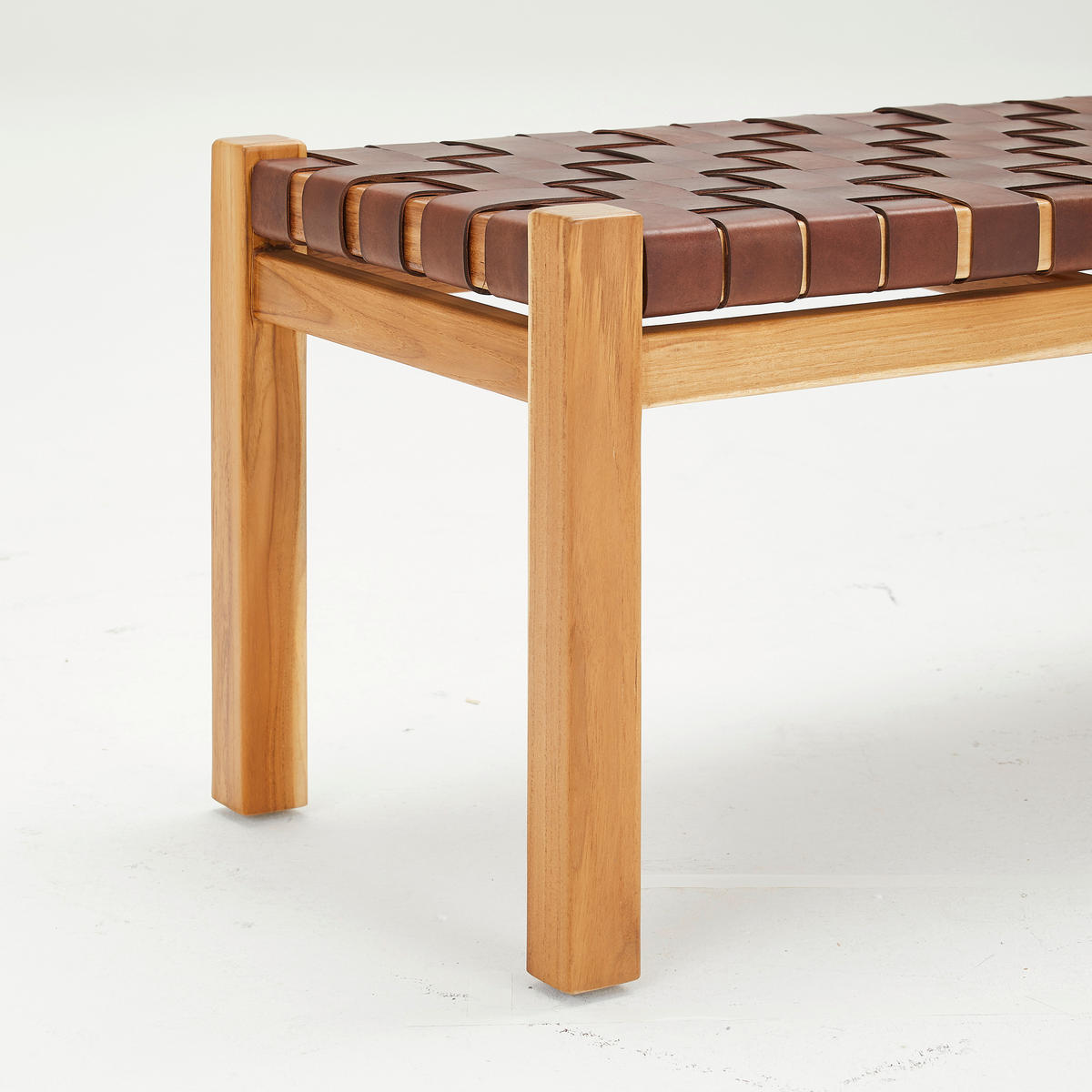 HOCKERBANK in Holz, Leder Cognac  - Hellbraun/Cognac, Basics, Leder/Holz (120/45/43cm) - MID.YOU