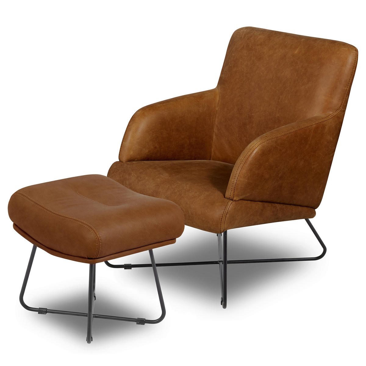 SESSELSET in Echtleder Cognac  - Cognac/Schwarz, Design, Leder/Metall (67/87/74cm) - Livetastic