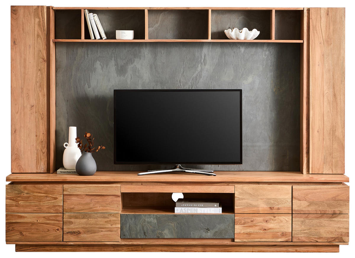 WOHNWAND 4-teilig  in Grau, Akaziefarben  240/173/40 cm  - Akaziefarben/Grau, KONVENTIONELL, Holz/Stein (240/173/40cm) - Livetastic