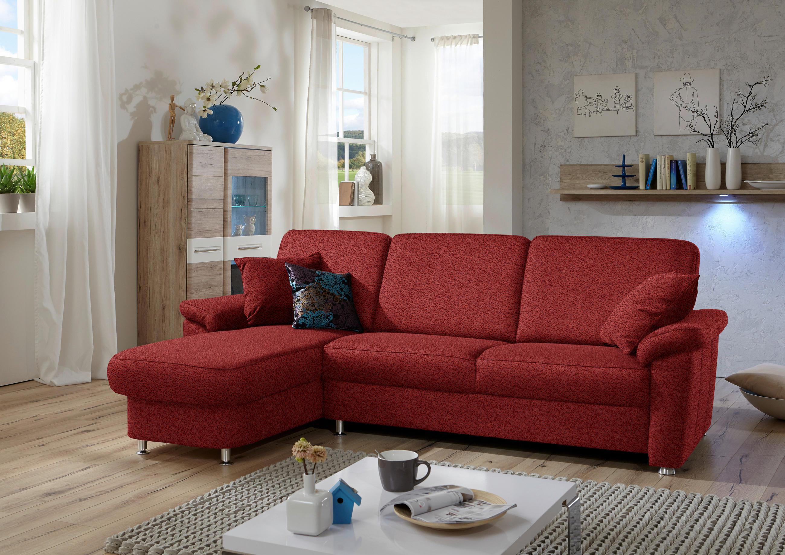 ECKSOFA in Flachgewebe Rot  - Chromfarben/Rot, Konventionell, Textil/Metall (163/250cm) - Beldomo System