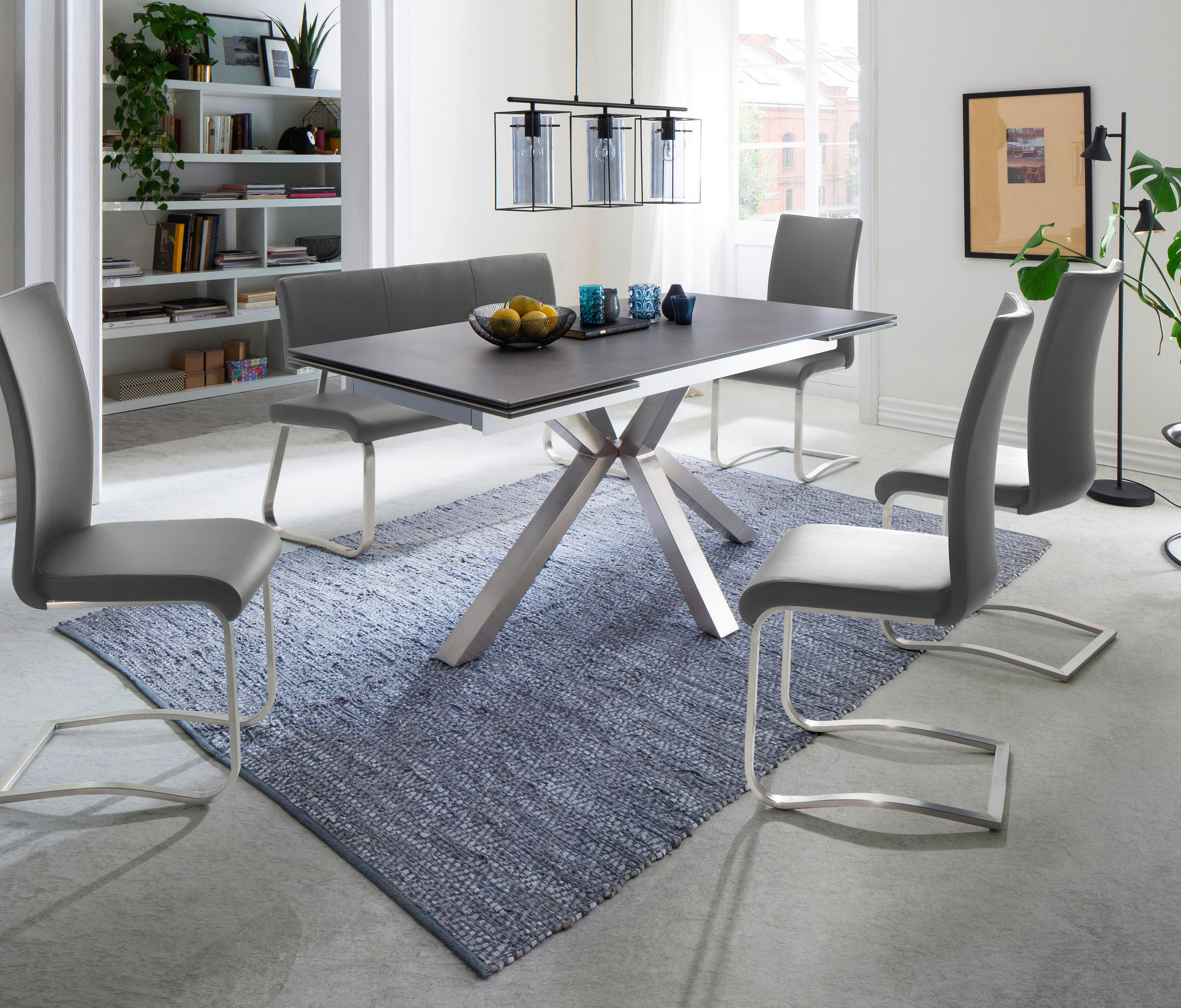 SITZBANK 175/86/59 cm Echtleder Grau, Edelstahlfarben - Edelstahlfarben/Grau, Design, Leder/Metall (175/86/59cm) - Livetastic