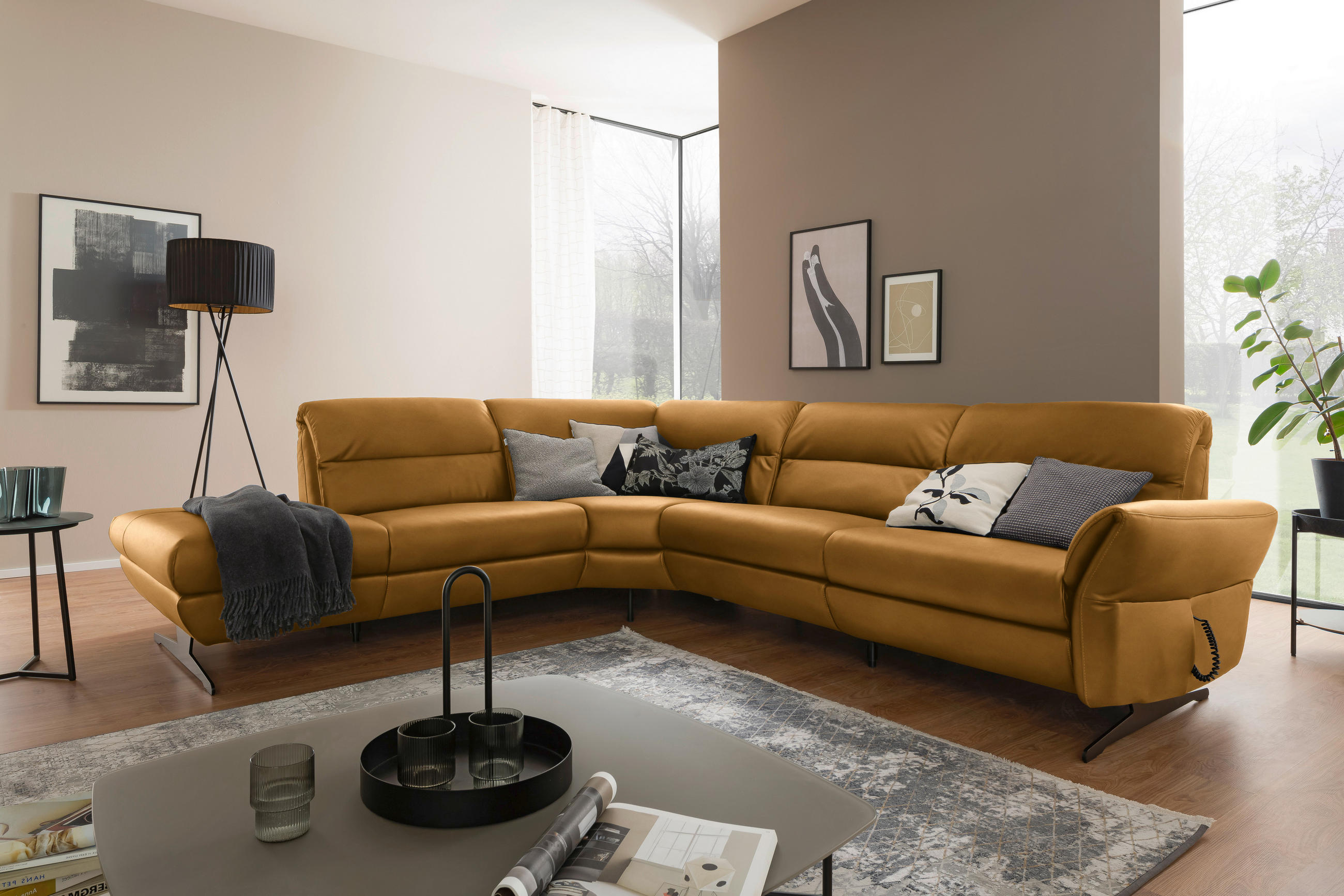 ECKSOFA Currygelb Echtleder  - Currygelb/Schwarz, Design, Leder/Metall (258/286cm) - Schöner Wohnen