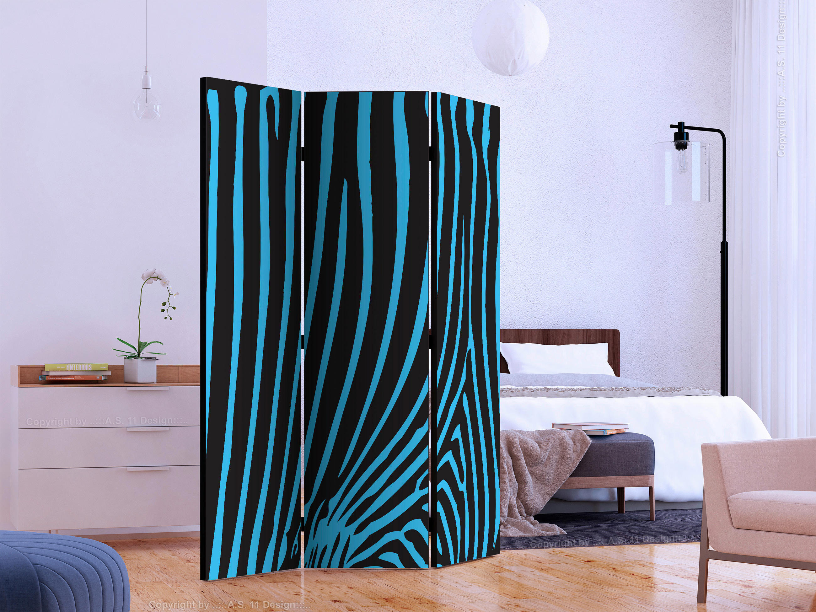Paravent doppeltseitig mit 3  Flügel - Blau/Schwarz, Basics, Holz/Textil (135/172/3cm) - artgeist