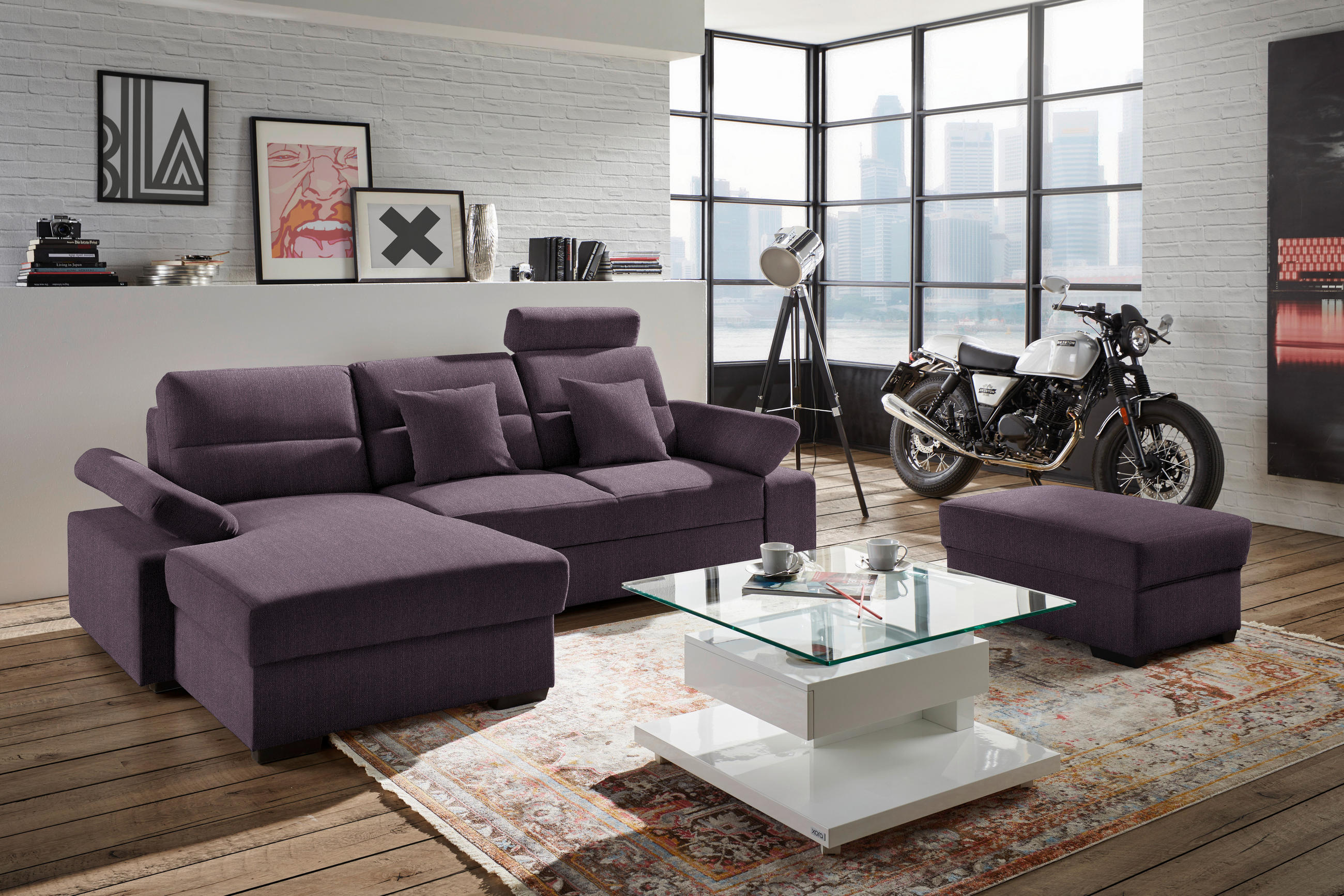 ECKSOFA in Webstoff Violett  - Dunkelbraun/Violett, Konventionell, Kunststoff/Textil (166/258cm) - Cantus